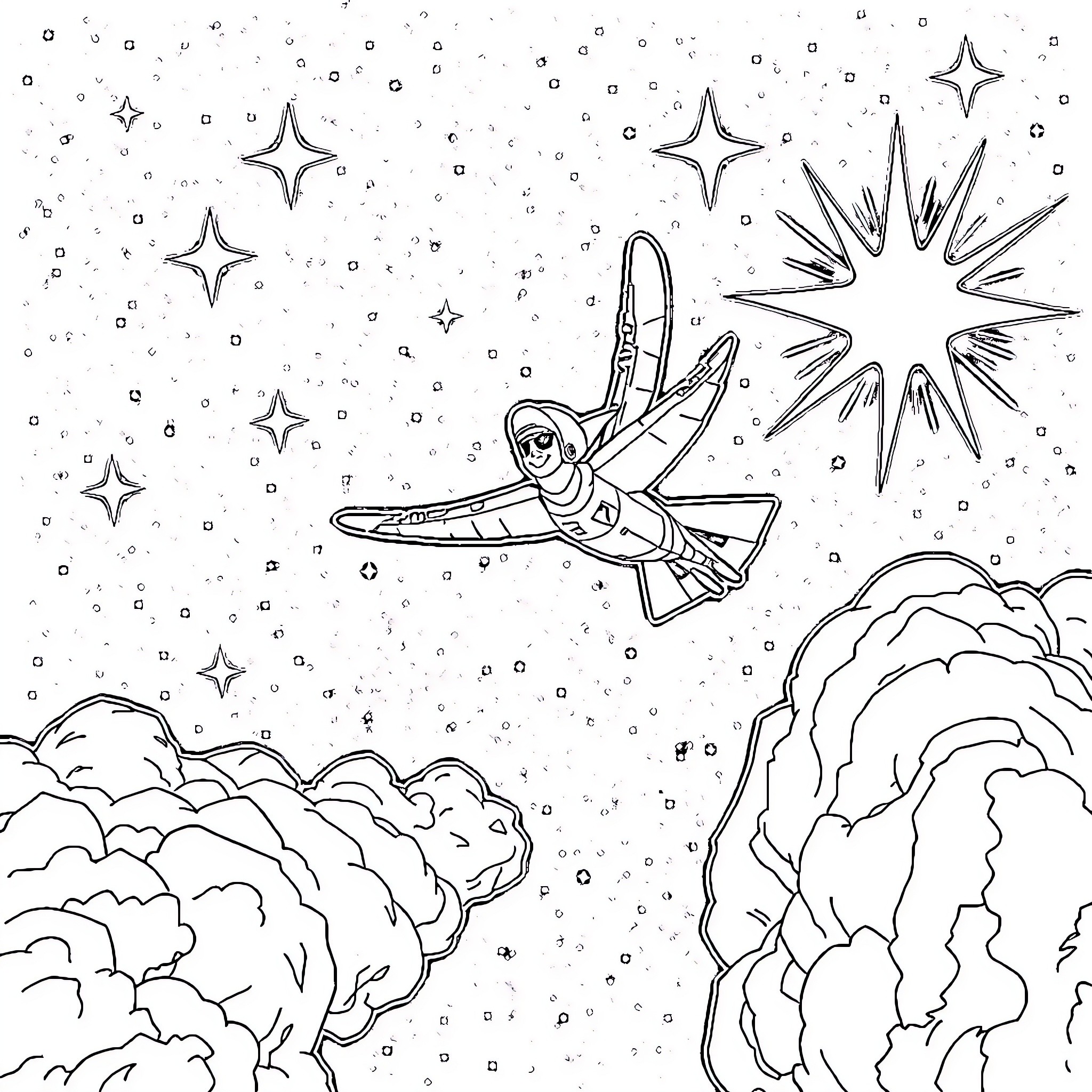 Hartman's Cosmic Adventure through Starry Skies Coloring Page (free black-and-white line drawing printable PDF for all, from beginners to advanced learners, including children, teens, adults, and seniors)
