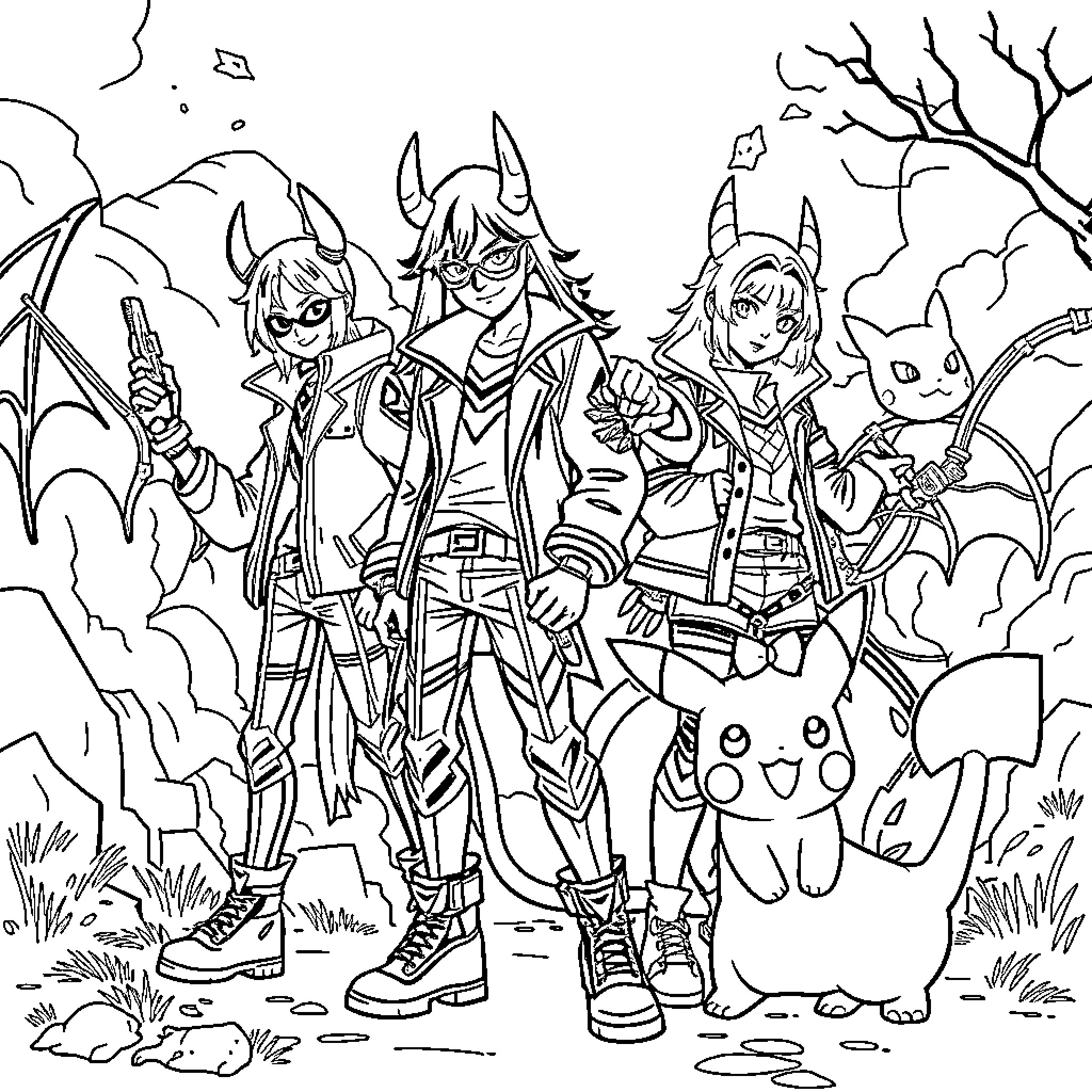 Demon Hunter Warriors in Fantasy Wilderness Coloring Page (free black-and-white line drawing printable PDF for all, from beginners to advanced learners, including children, teens, adults, and seniors)