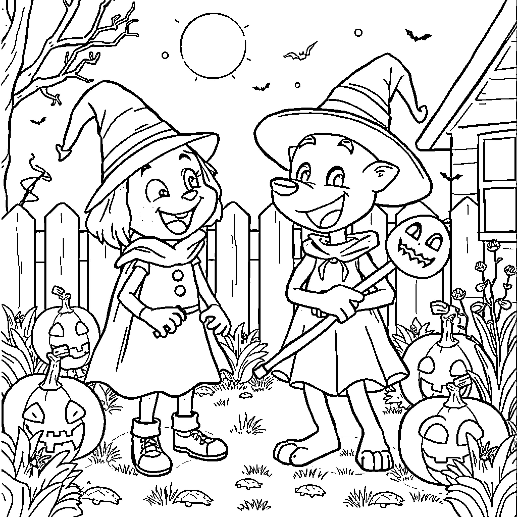 Bluey's Halloween Adventures with Friends Coloring Page (free black-and-white line drawing printable PDF for all, from beginners to advanced learners, including children, teens, adults, and seniors)