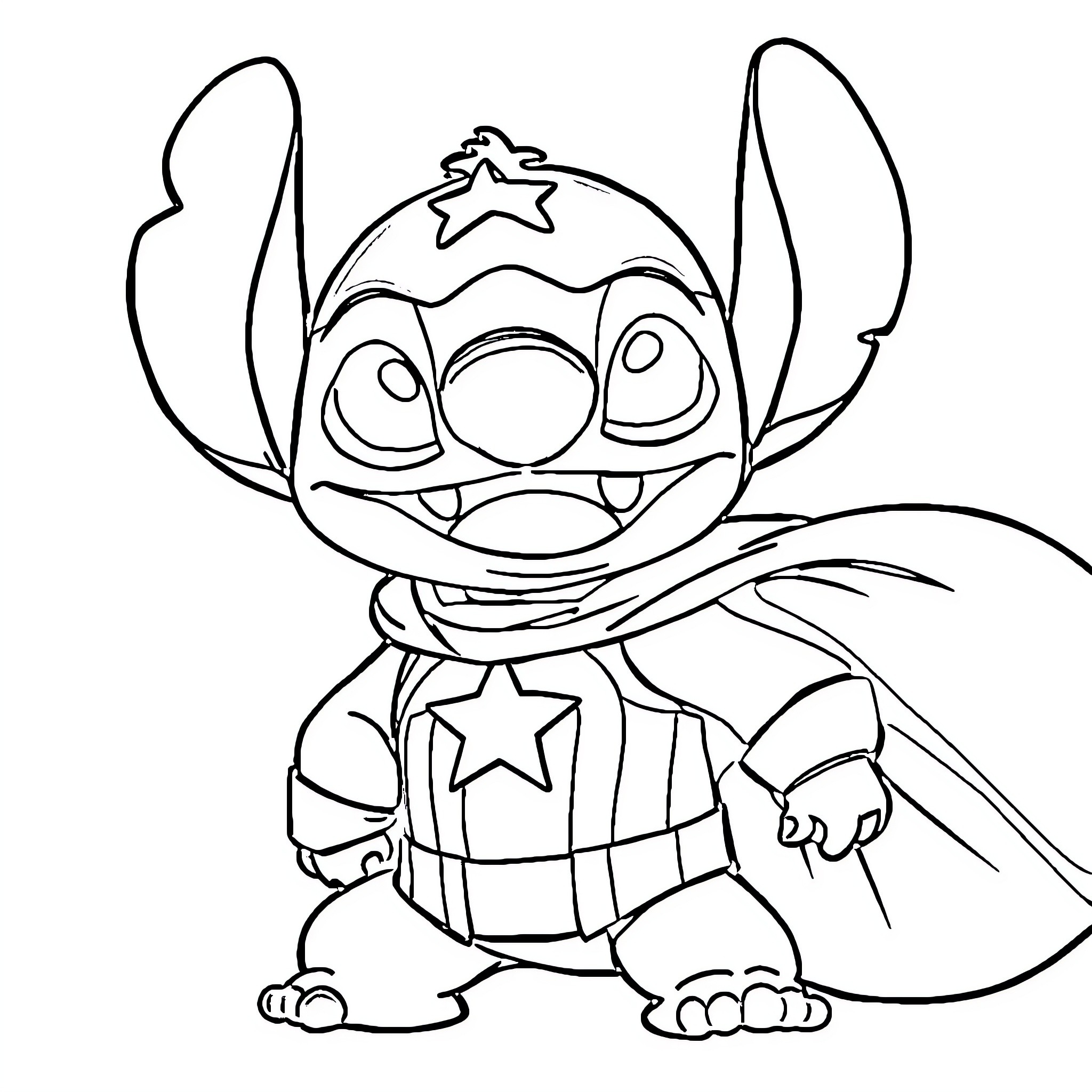 Stitch dressed as a superhero Coloring Page (free black-and-white line drawing printable PDF for all, from beginners to advanced learners, including children, teens, adults, and seniors)