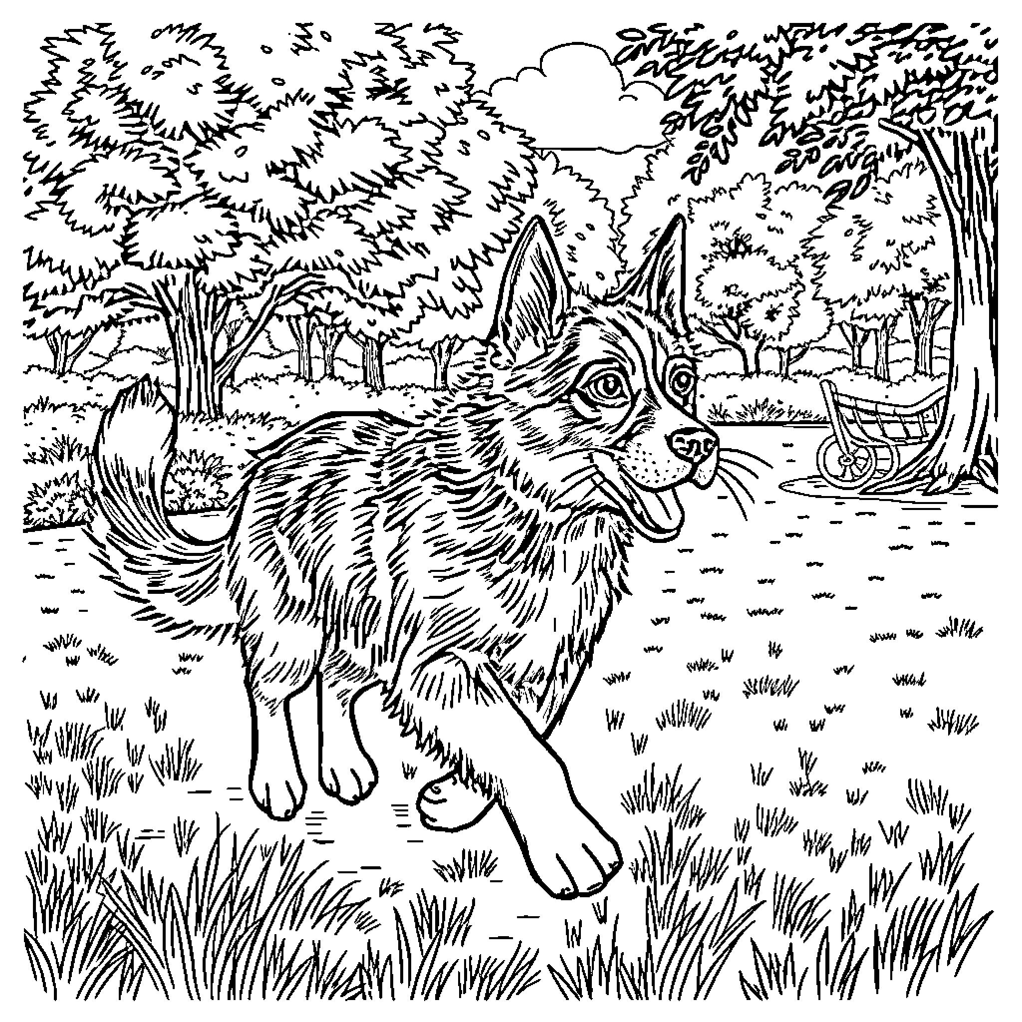 Dog running playfully in the forest Coloring Page (free black-and-white line drawing printable PDF for all, from beginners to advanced learners, including children, teens, adults, and seniors)