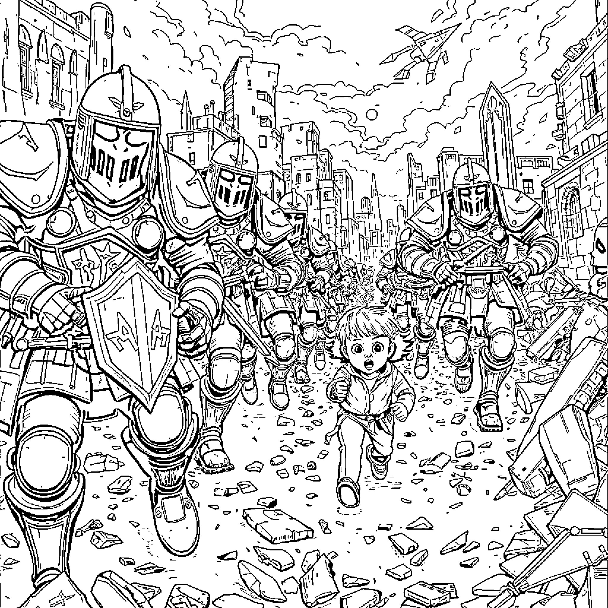 Brotherhood of Steel: Armored Warriors in Apocalyptic Cityscape Coloring Page (free black-and-white line drawing printable PDF for all, from beginners to advanced learners, including children, teens, adults, and seniors)