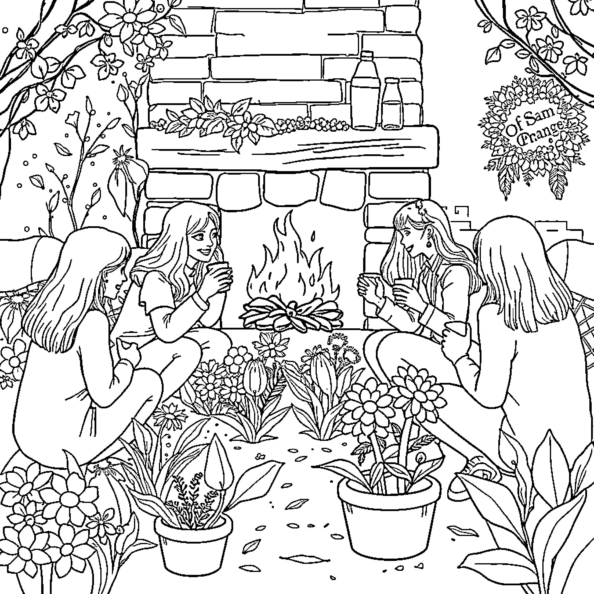 Persons enjoying a cozy outdoor gathering around the fireplace Coloring Page (free black-and-white line drawing printable PDF for all, from beginners to advanced learners, including children, teens, adults, and seniors)