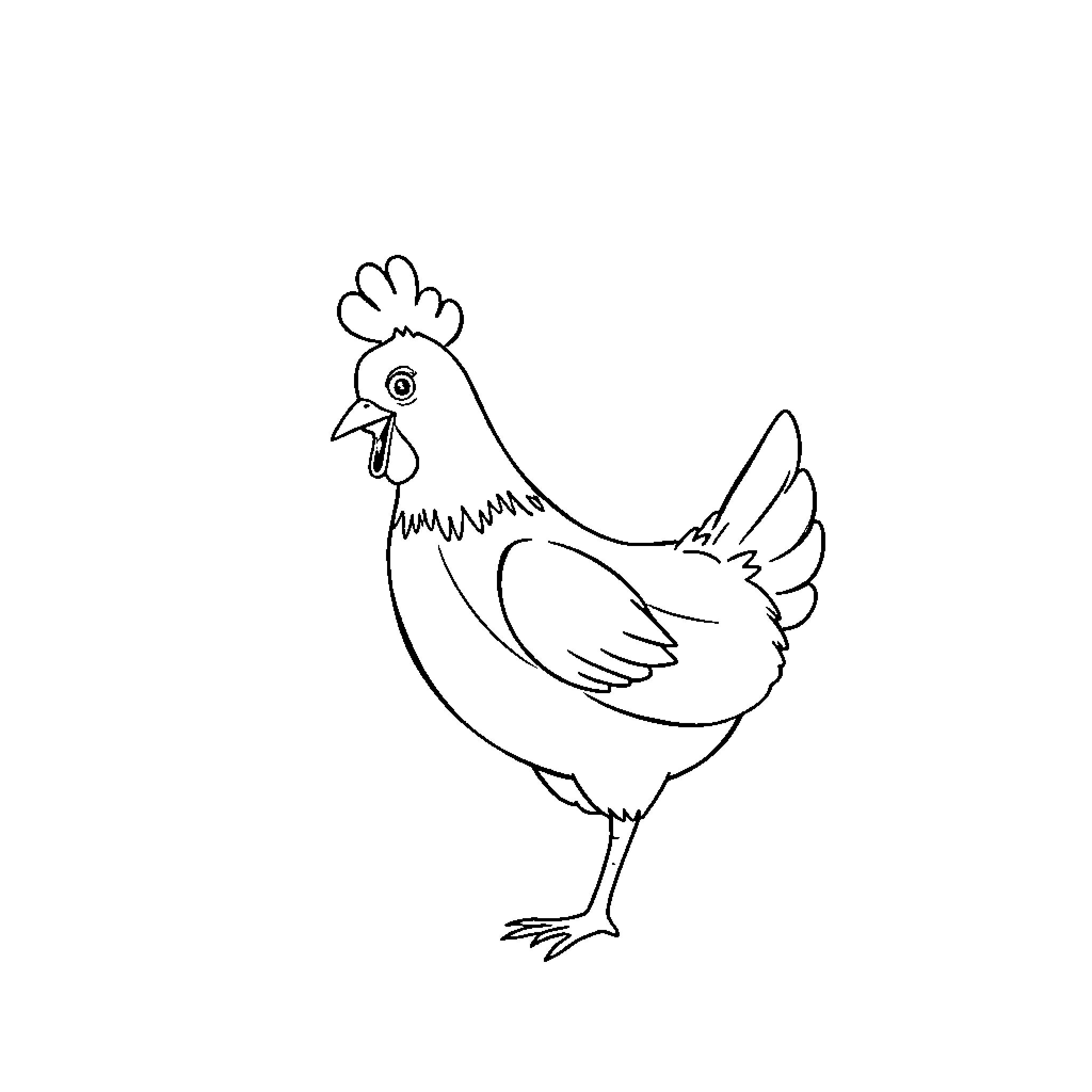 Chicken standing in simplistic black and white style Coloring Page (free black-and-white line drawing printable PDF for all, from beginners to advanced learners, including children, teens, adults, and seniors)
