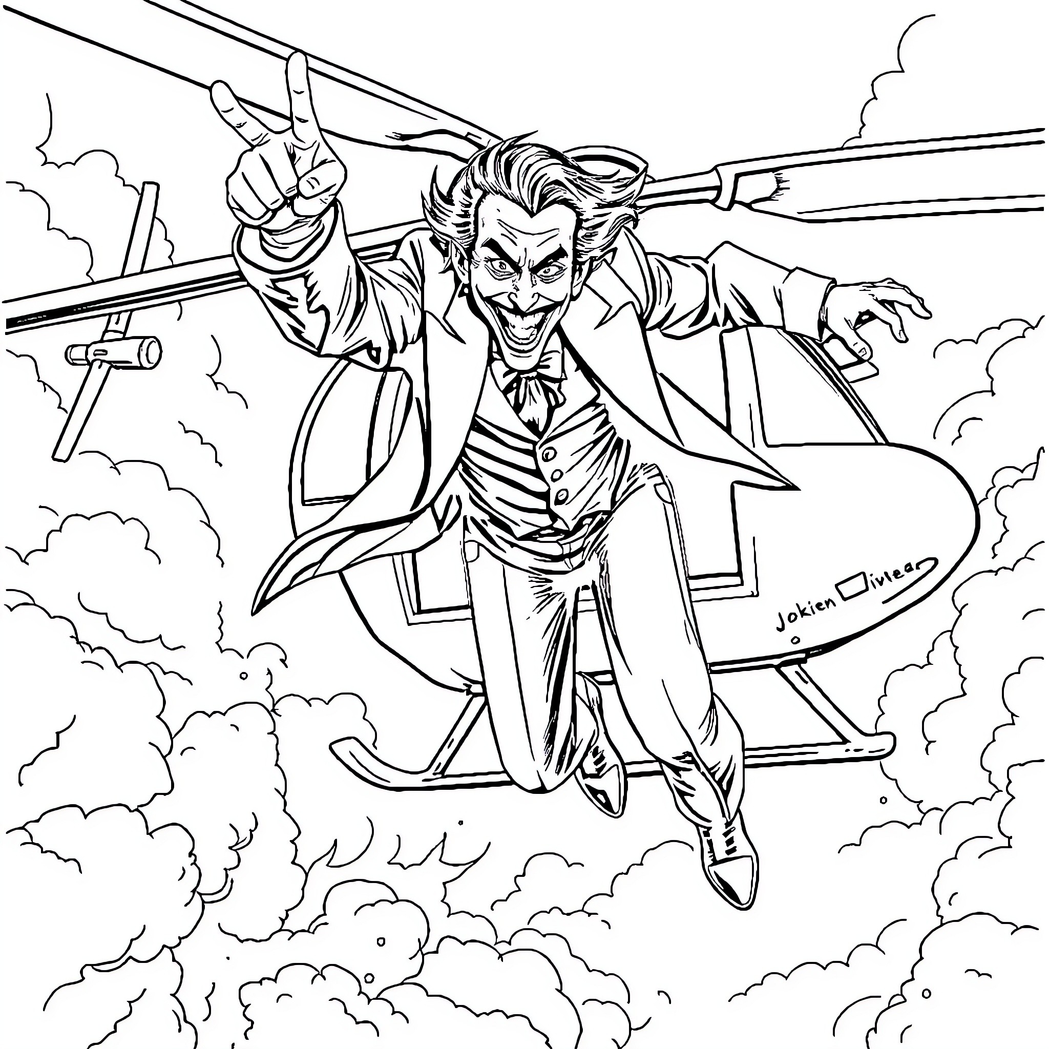Joker's Aerial Antics Coloring Page (free black-and-white line drawing printable PDF for all, from beginners to advanced learners, including children, teens, adults, and seniors)