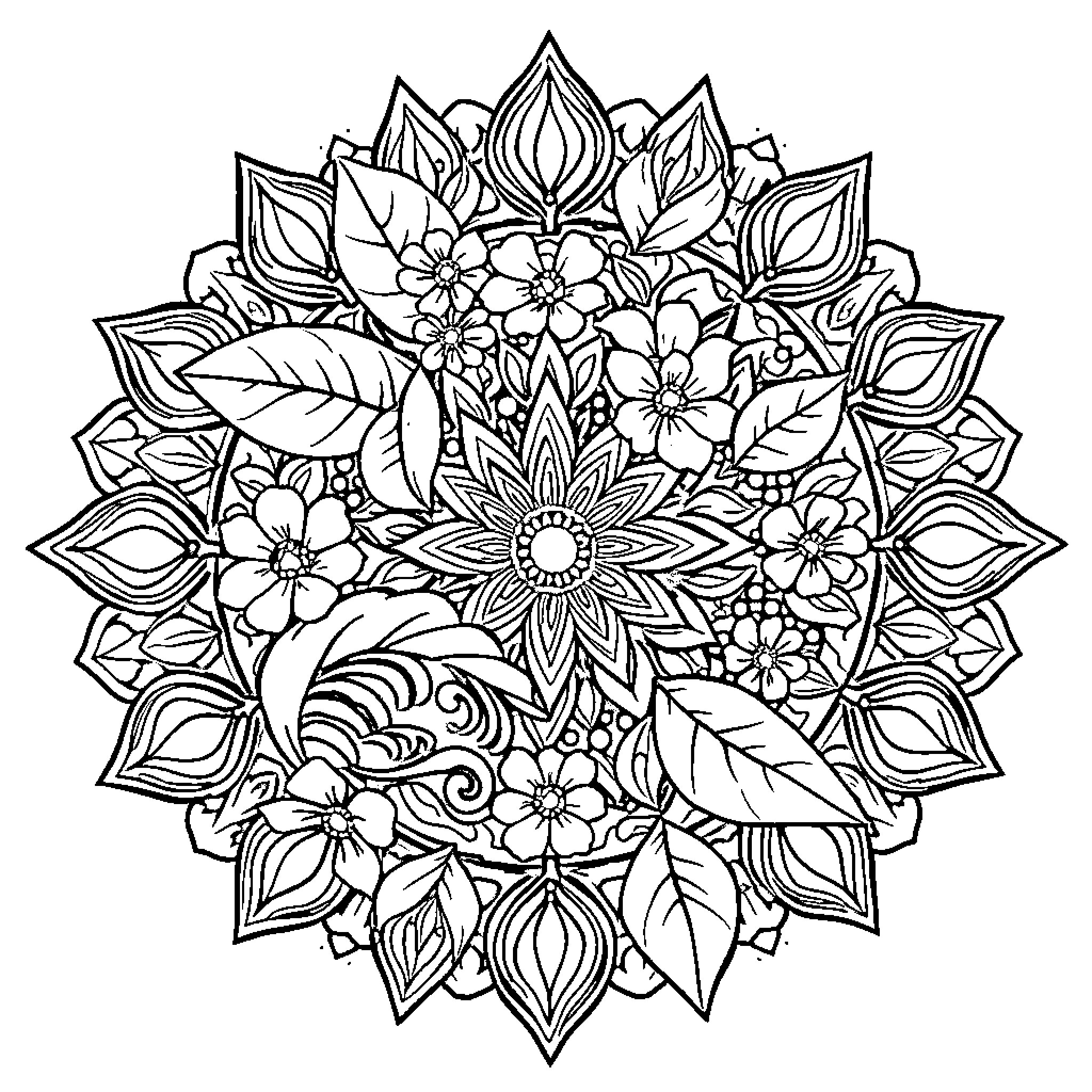 Mandala of intricate floral patterns and leaves Coloring Page (free black-and-white line drawing printable PDF for all, from beginners to advanced learners, including children, teens, adults, and seniors)