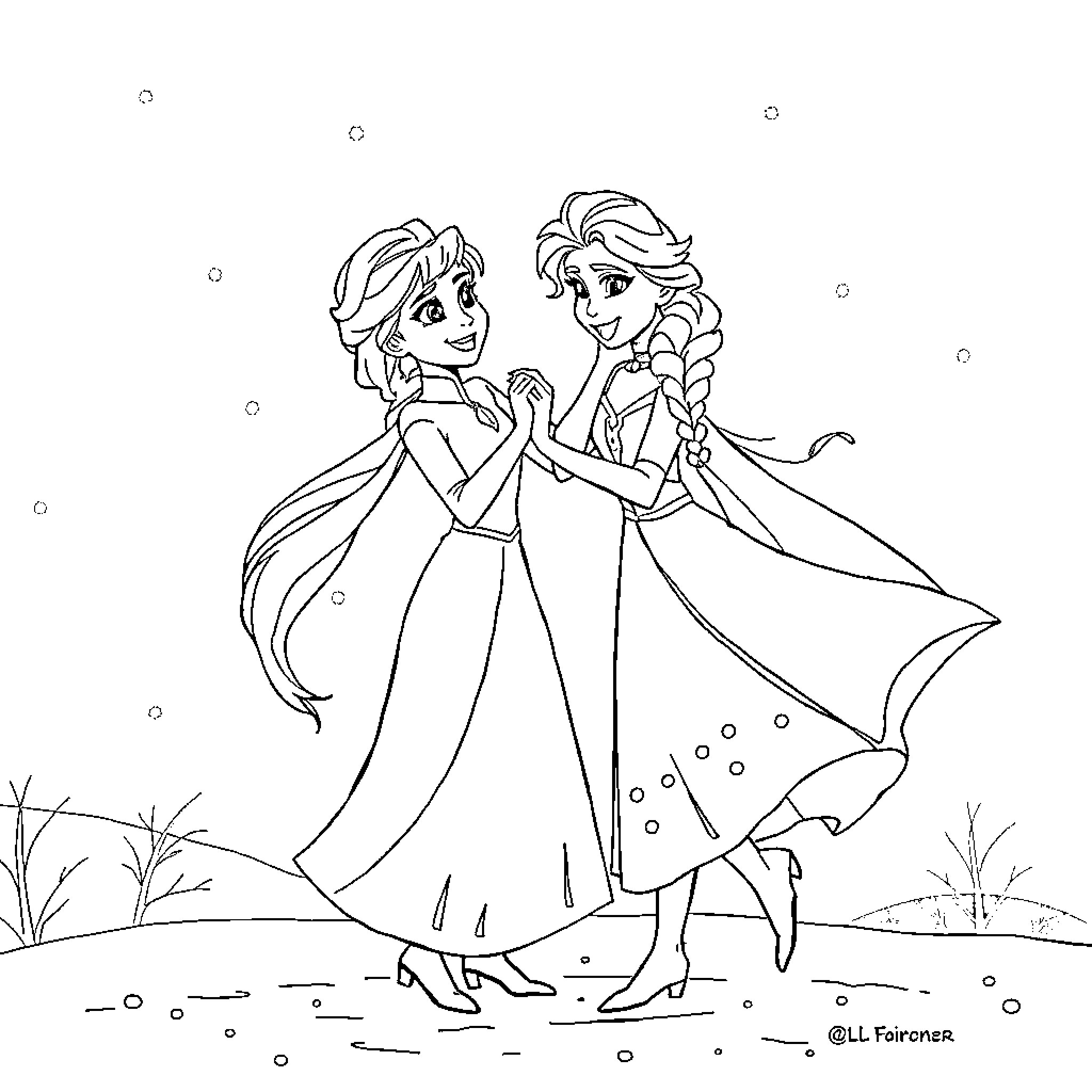 Frozen sisters dancing in winter wonderland Coloring Page (free black-and-white line drawing printable PDF for all, from beginners to advanced learners, including children, teens, adults, and seniors)