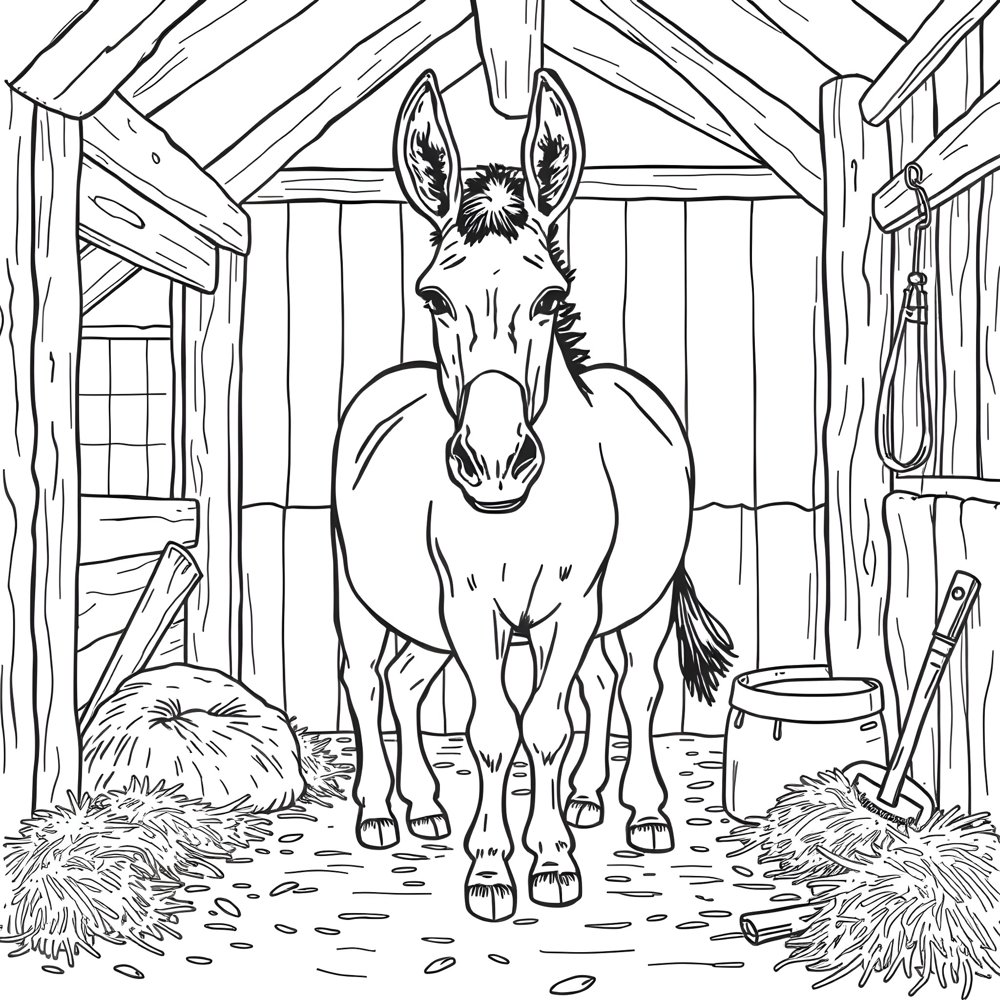 Donkey standing inside a wooden barn Coloring Page (free black-and-white line drawing printable PDF for all, from beginners to advanced learners, including children, teens, adults, and seniors)
