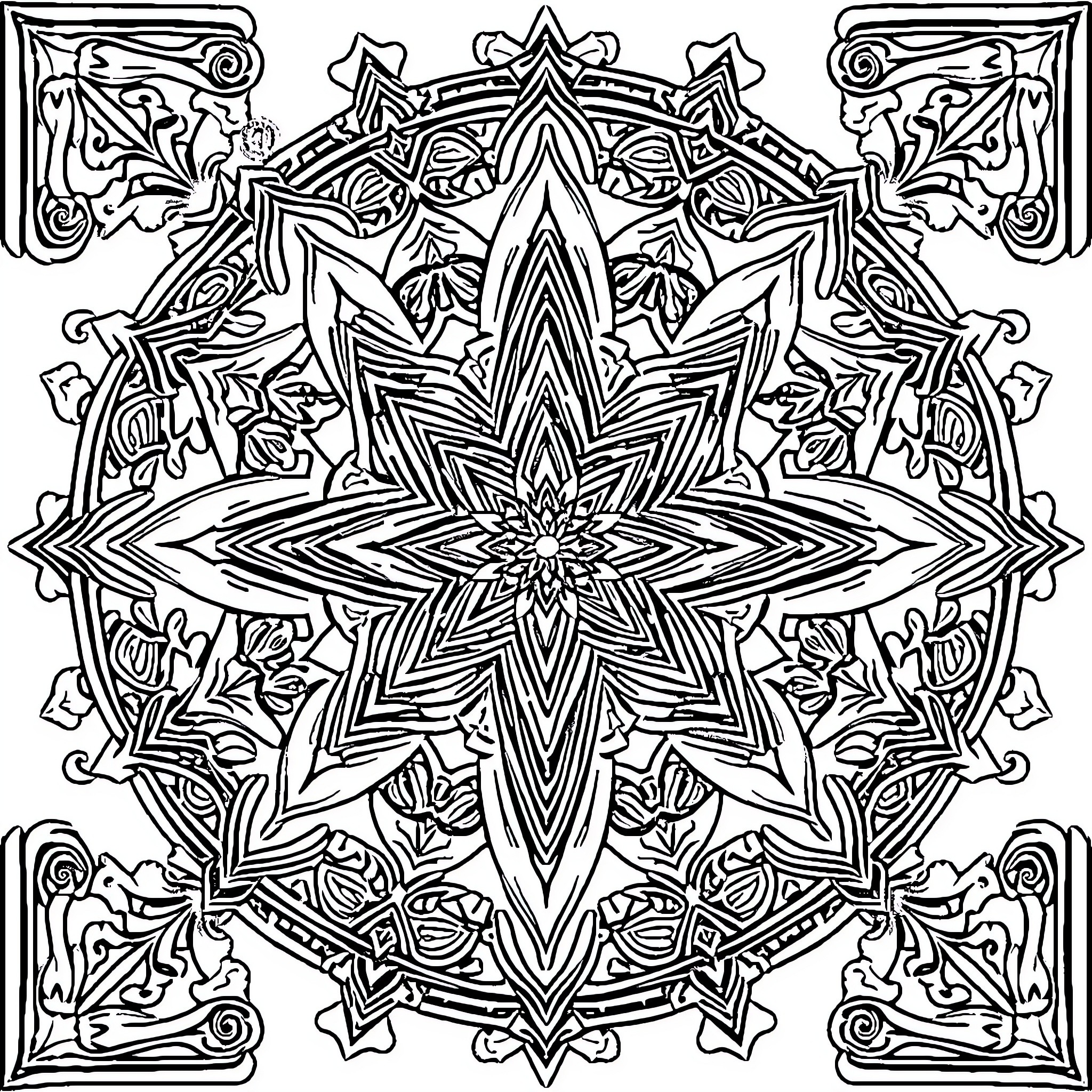 Geometric Floral Mandala Pattern Coloring Page (free black-and-white line drawing printable PDF for all, from beginners to advanced learners, including children, teens, adults, and seniors)
