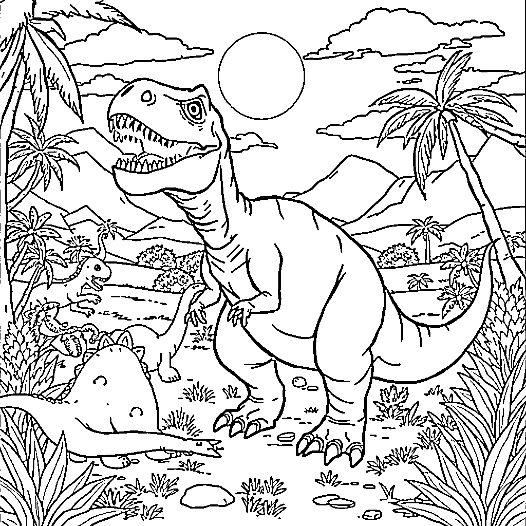 Trex exploring the prehistoric jungle Coloring Page (free black-and-white line drawing printable PDF for all, from beginners to advanced learners, including children, teens, adults, and seniors)