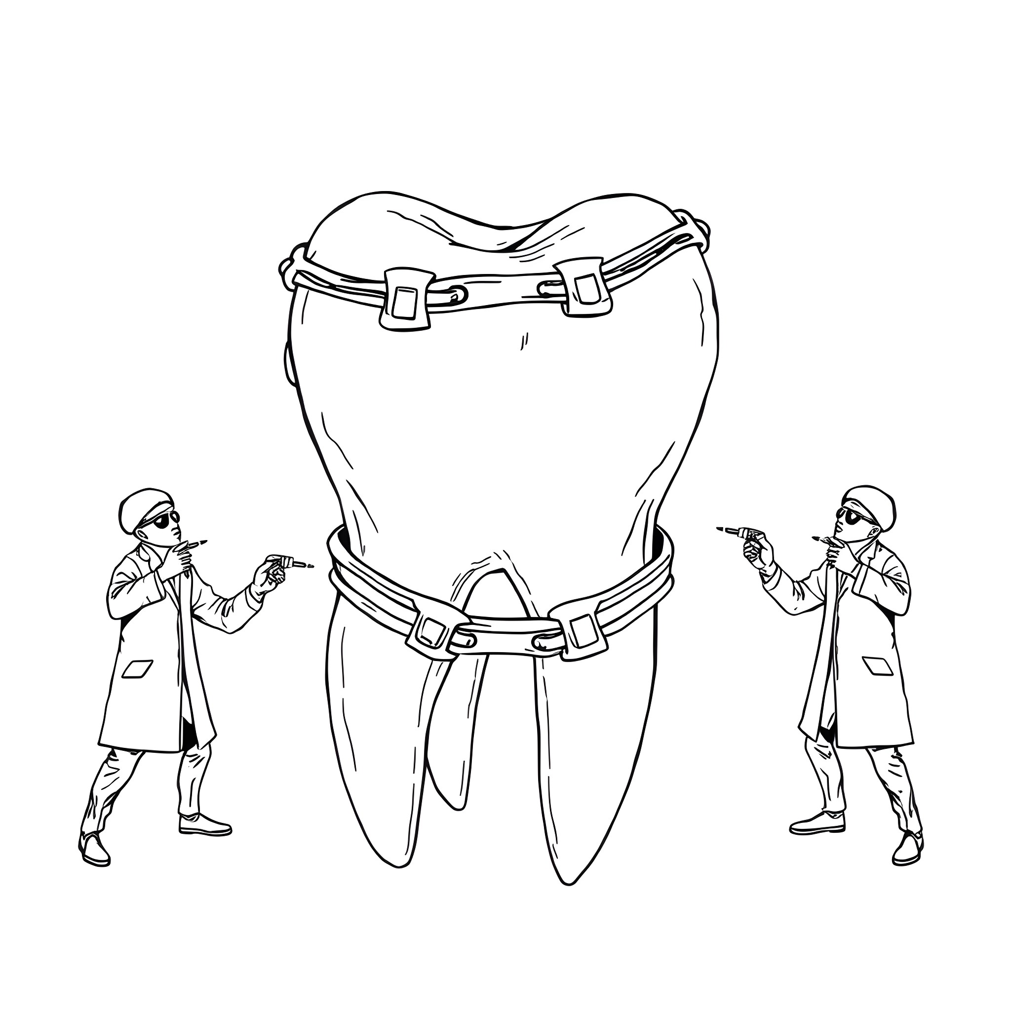 Tooth Examined by Dentists in Clinic Coloring Page (free black-and-white line drawing printable PDF for all, from beginners to advanced learners, including children, teens, adults, and seniors)