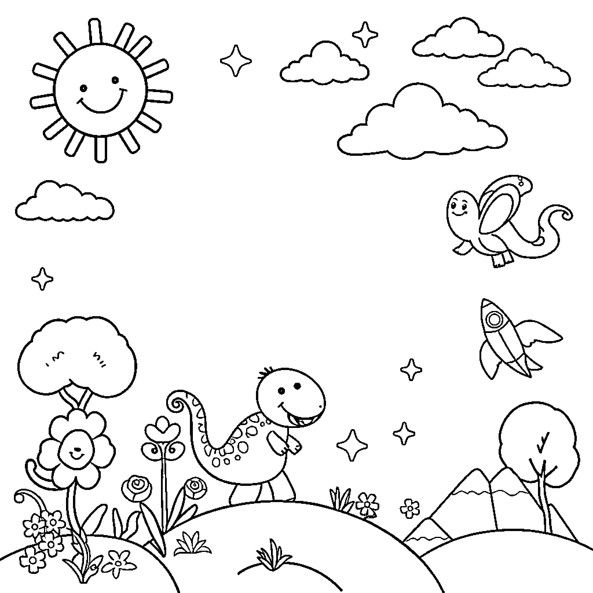Kids' Imaginative Outdoor Adventure Coloring Page (free black-and-white line drawing printable PDF for all, from beginners to advanced learners, including children, teens, adults, and seniors)