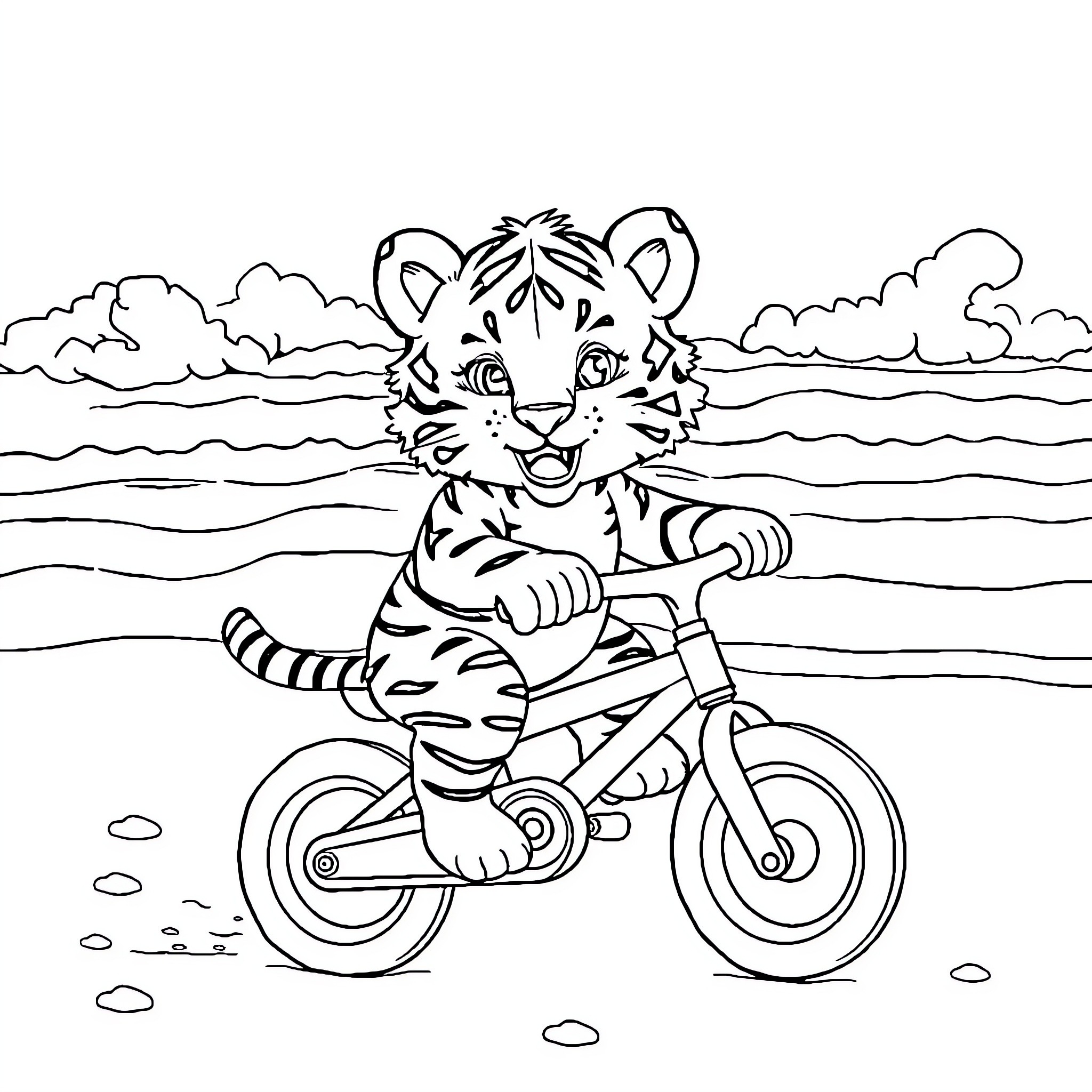 Tiger riding a bicycle in the countryside Coloring Page (free black-and-white line drawing printable PDF for all, from beginners to advanced learners, including children, teens, adults, and seniors)