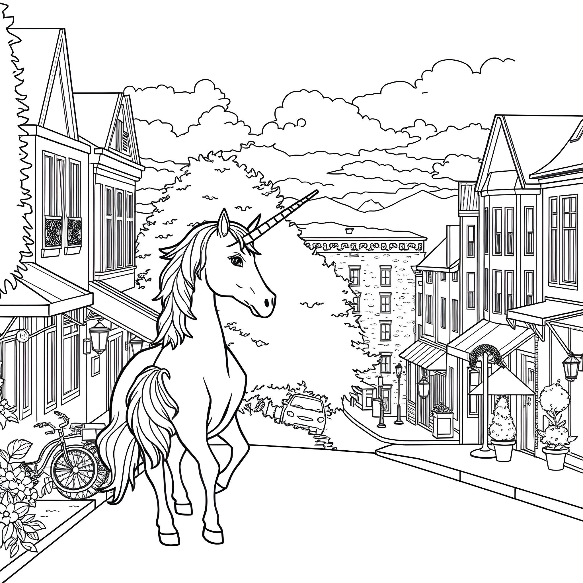 Unicorn exploring the magical town Coloring Page (free black-and-white line drawing printable PDF for all, from beginners to advanced learners, including children, teens, adults, and seniors)