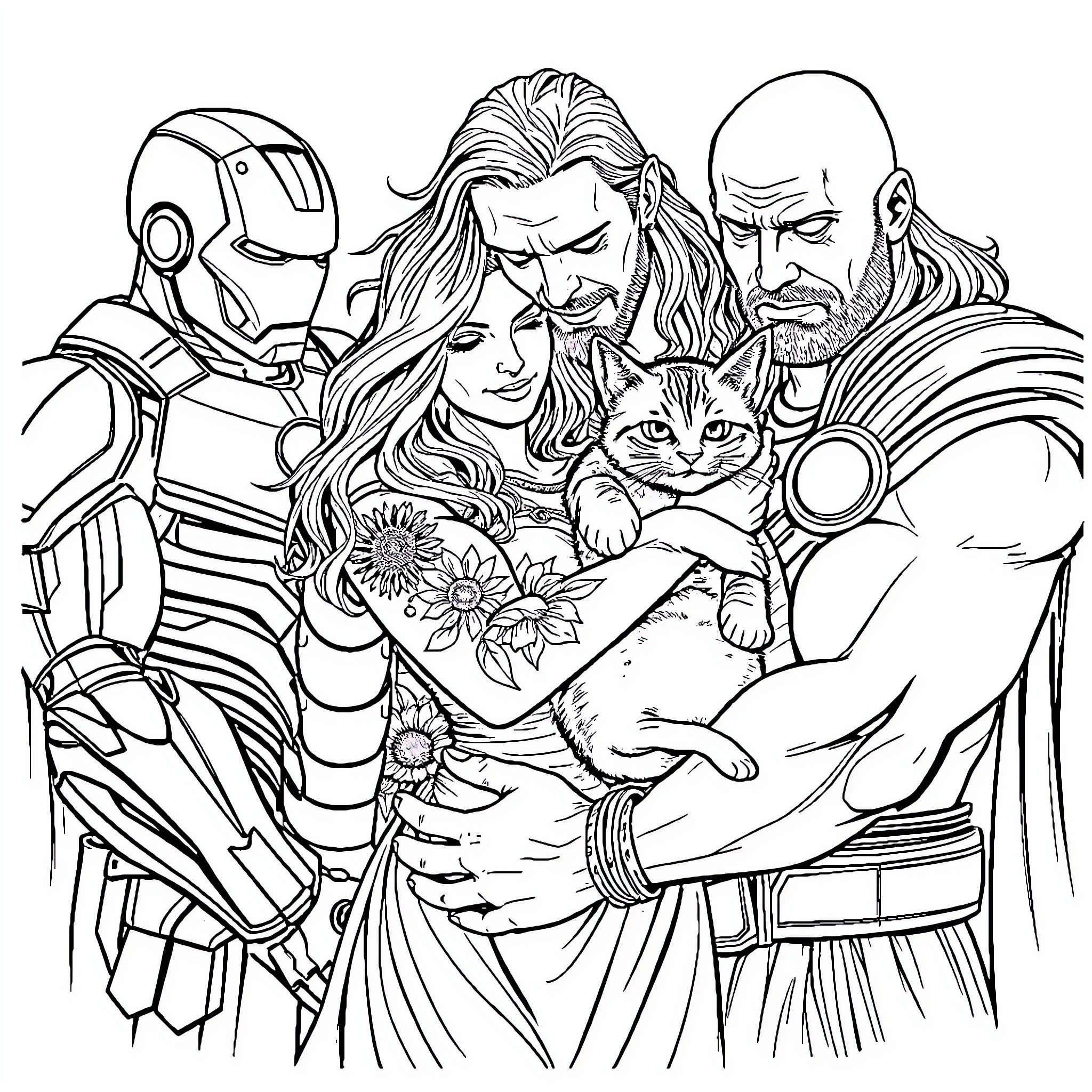 Character Superheroes with a Cute Cat Coloring Page (free black-and-white line drawing printable PDF for all, from beginners to advanced learners, including children, teens, adults, and seniors)