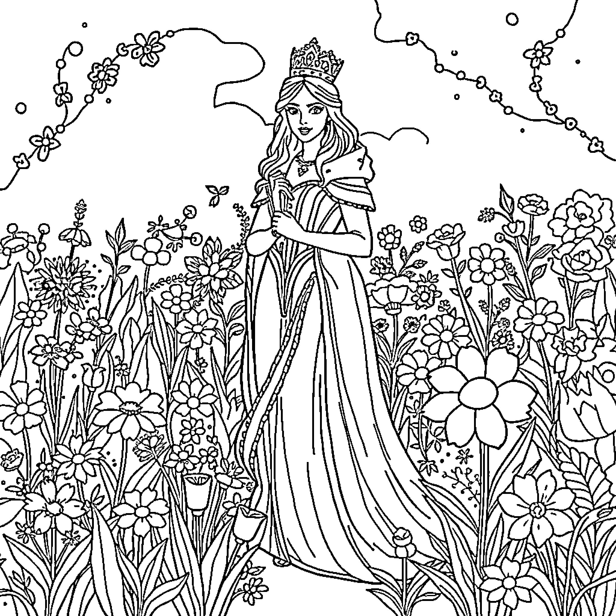Queen in a Whimsical Floral Garden Coloring Page (free black-and-white line drawing printable PDF for all, from beginners to advanced learners, including children, teens, adults, and seniors)