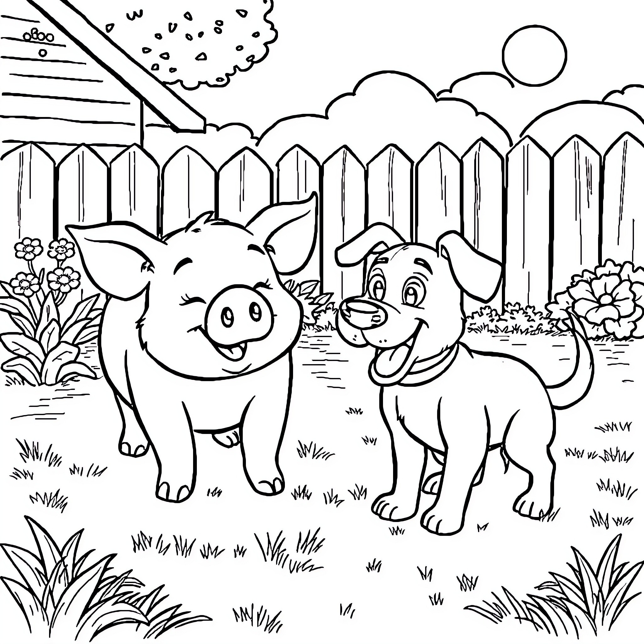 Pig and Dog Playing Happily in Countryside Coloring Page (free black-and-white line drawing printable PDF for all, from beginners to advanced learners, including children, teens, adults, and seniors)