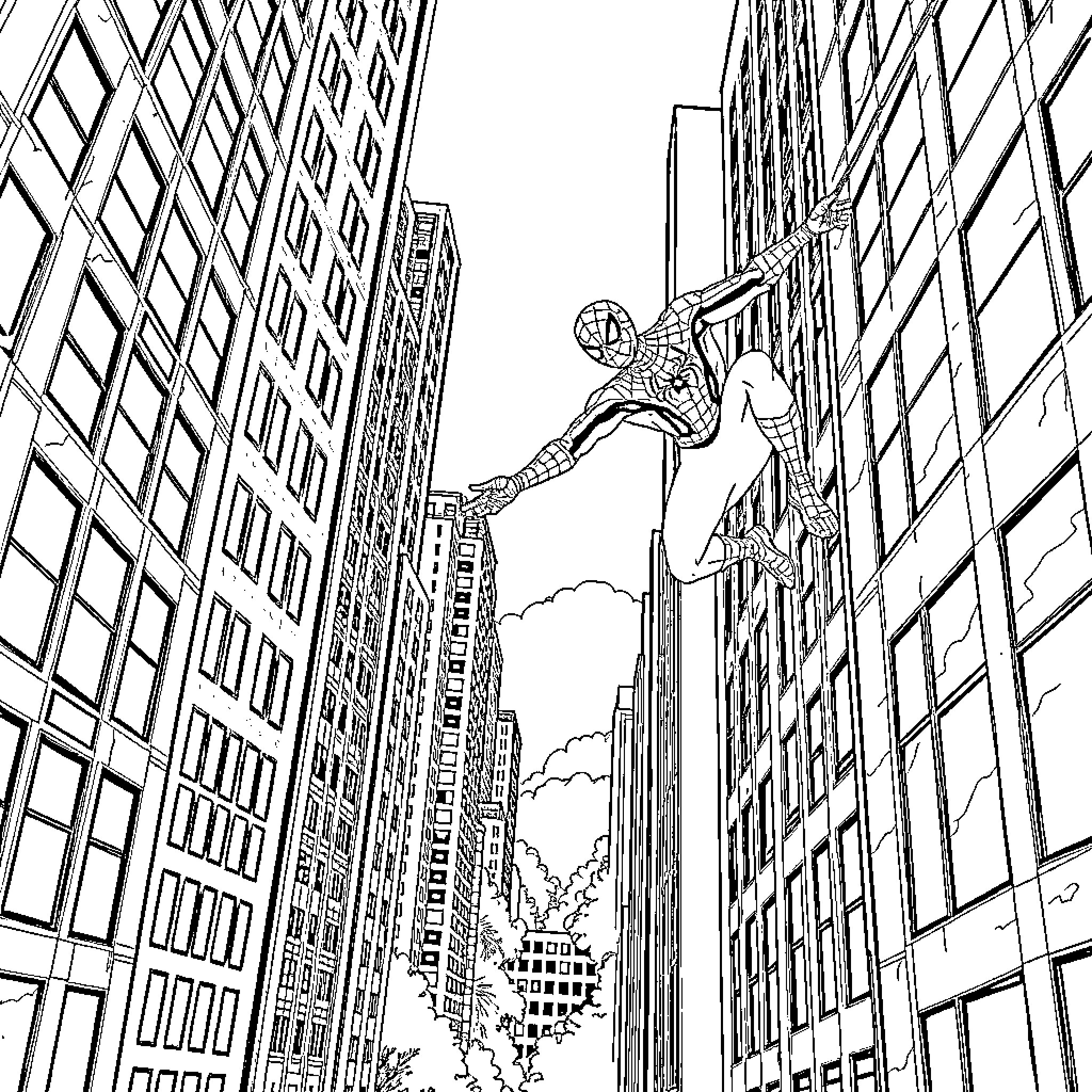 Vermont Superhero Scaling Skyscraper in City Coloring Page (free black-and-white line drawing printable PDF for all, from beginners to advanced learners, including children, teens, adults, and seniors)