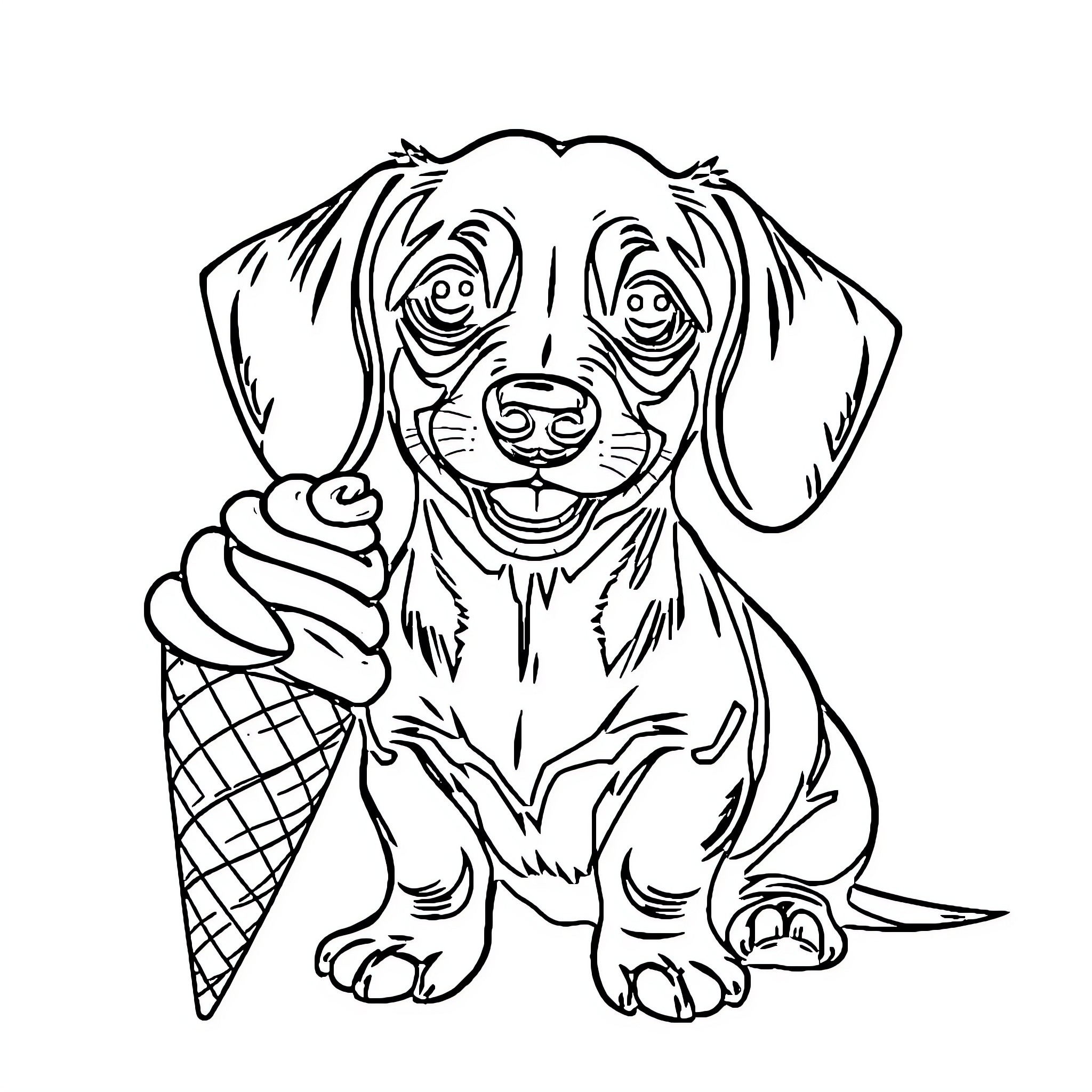 Dachshund enjoying an ice cream cone Coloring Page (free black-and-white line drawing printable PDF for all, from beginners to advanced learners, including children, teens, adults, and seniors)