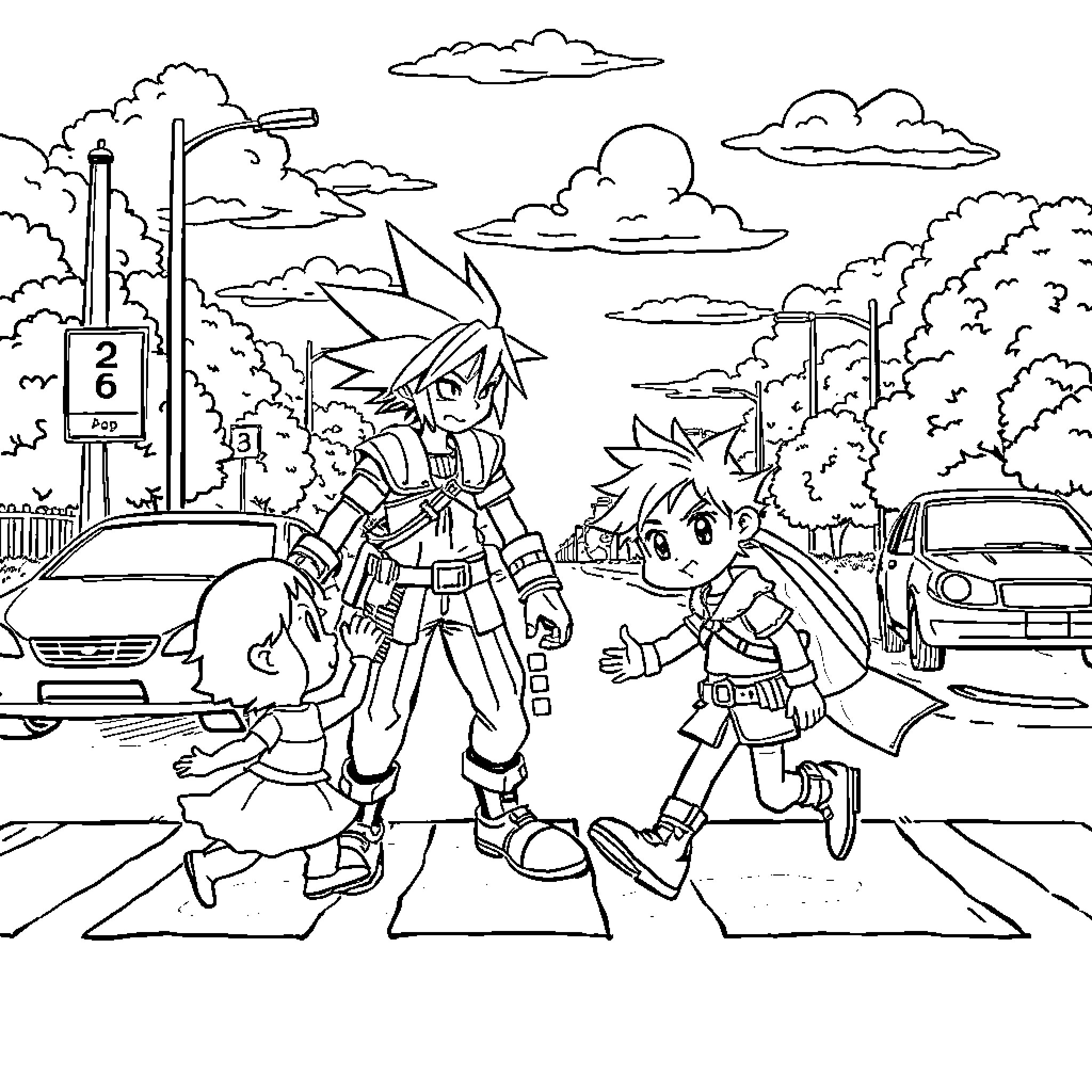 Cloud Strife and friends in an animated urban setting Coloring Page (free black-and-white line drawing printable PDF for all, from beginners to advanced learners, including children, teens, adults, and seniors)