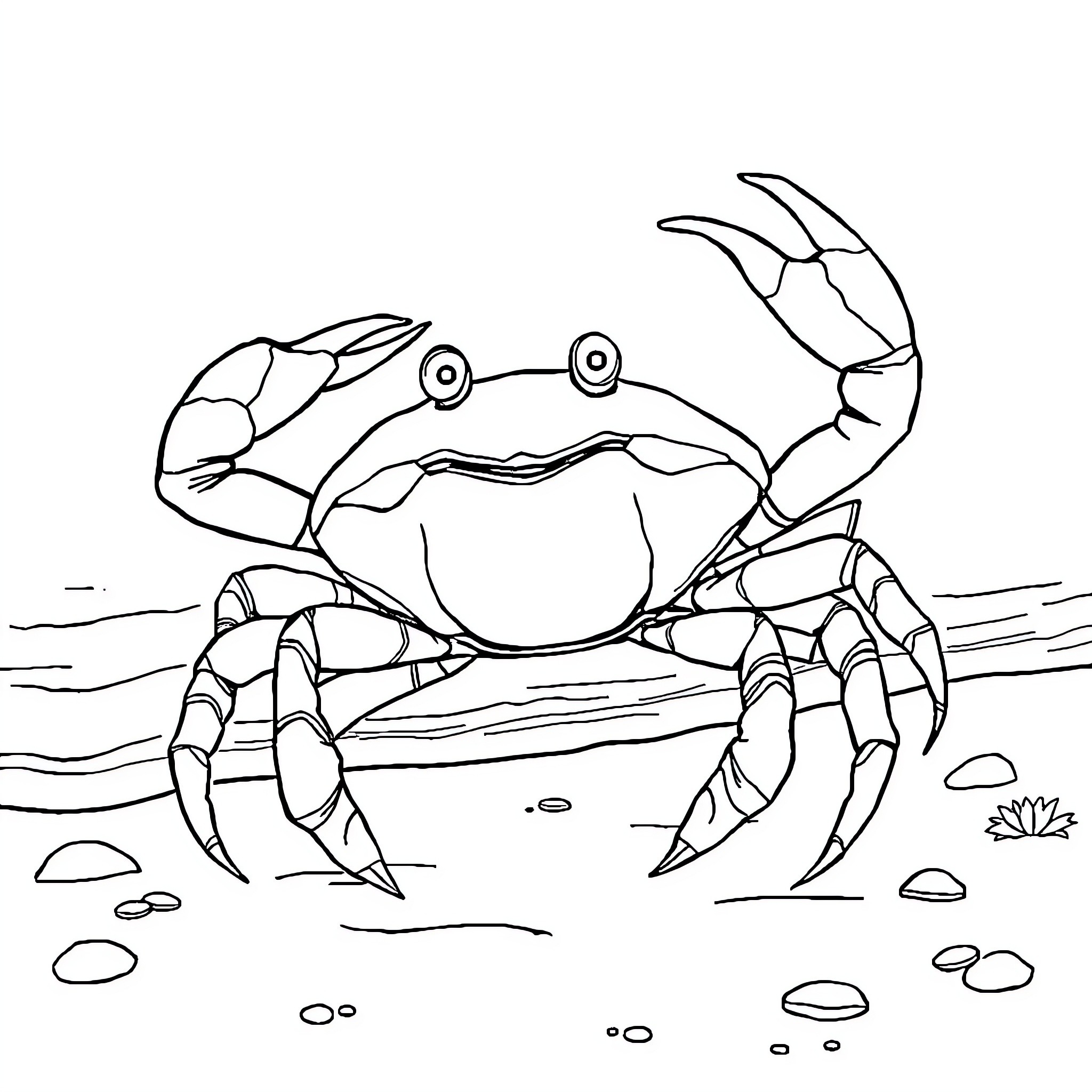 Crab exploring the shoreline Coloring Page (free black-and-white line drawing printable PDF for all, from beginners to advanced learners, including children, teens, adults, and seniors)