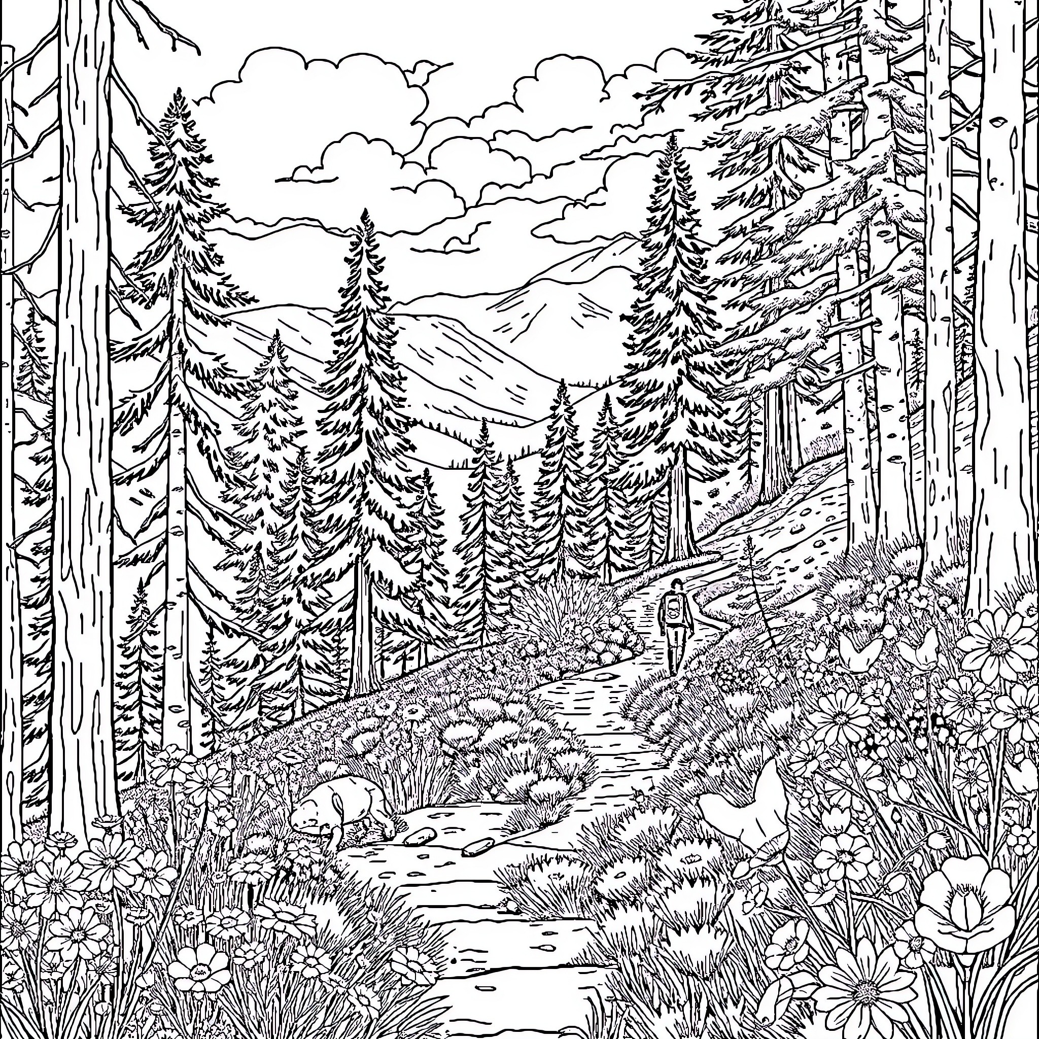 Hiking through the tranquil forest landscape Coloring Page (free black-and-white line drawing printable PDF for all, from beginners to advanced learners, including children, teens, adults, and seniors)