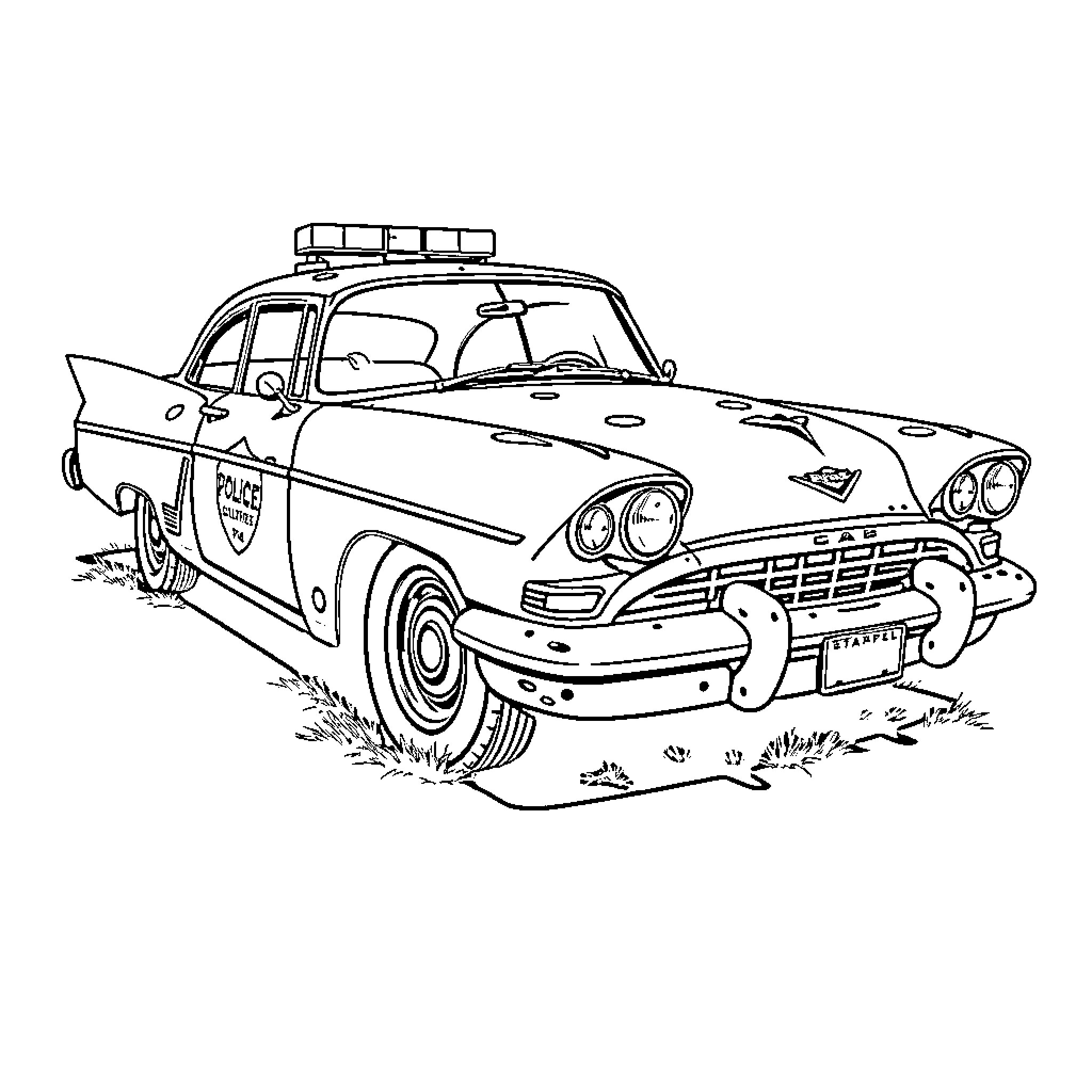 Bluesmobile classic police car in action Coloring Page (free black-and-white line drawing printable PDF for all, from beginners to advanced learners, including children, teens, adults, and seniors)