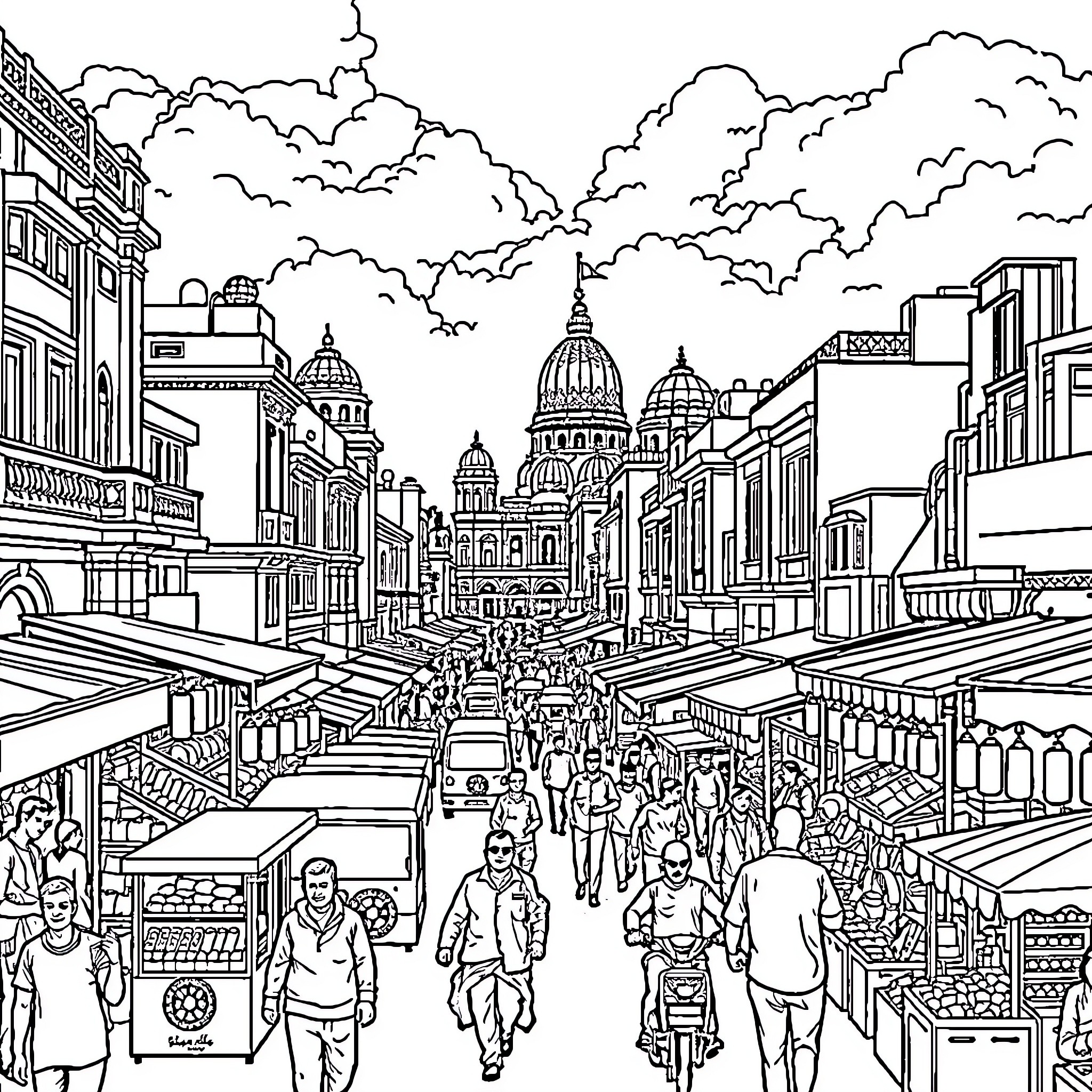 Solapur bustling marketplace and city skyline Coloring Page (free black-and-white line drawing printable PDF for all, from beginners to advanced learners, including children, teens, adults, and seniors)