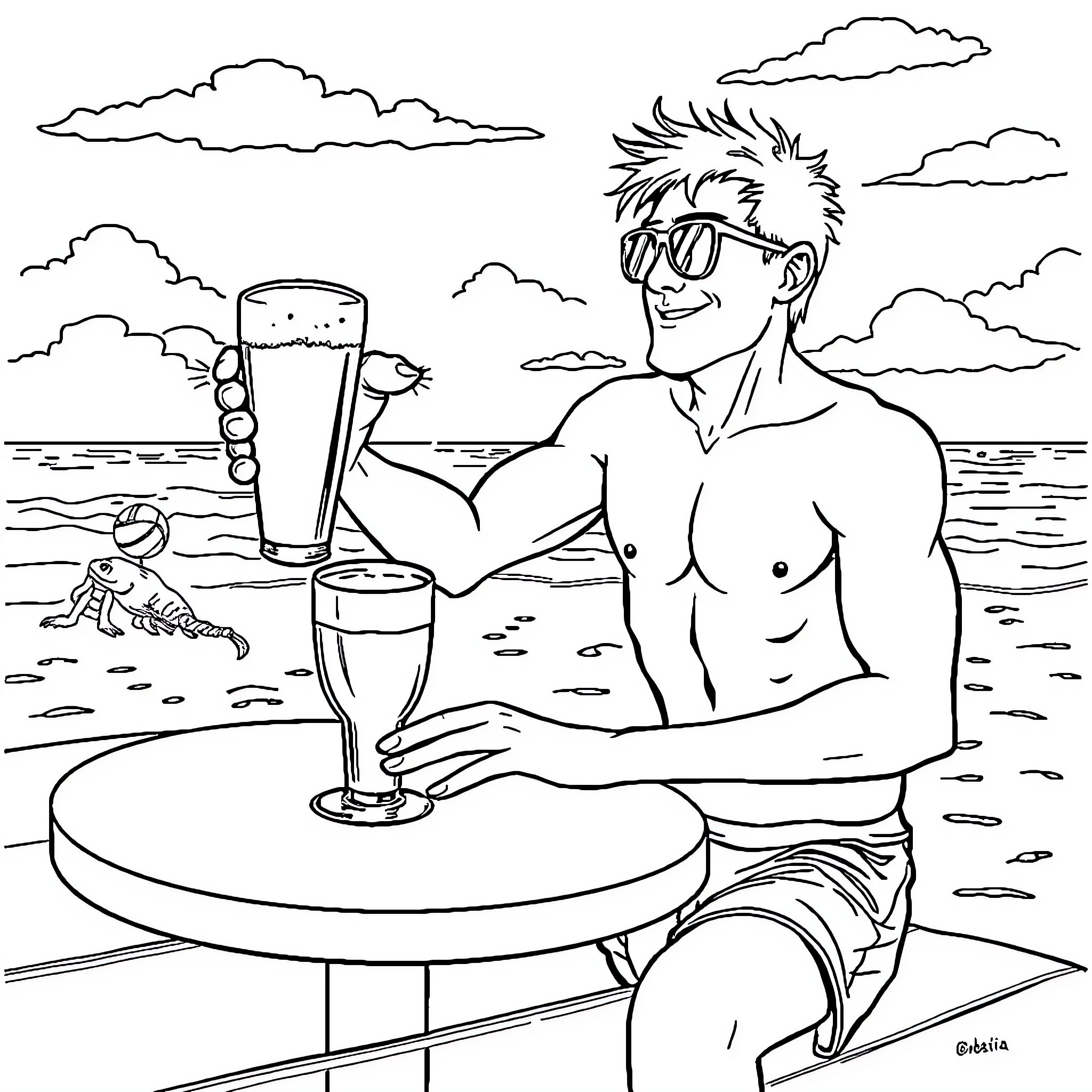 Bière by the Beach with Beaming Man Coloring Page (free black-and-white line drawing printable PDF for all, from beginners to advanced learners, including children, teens, adults, and seniors)