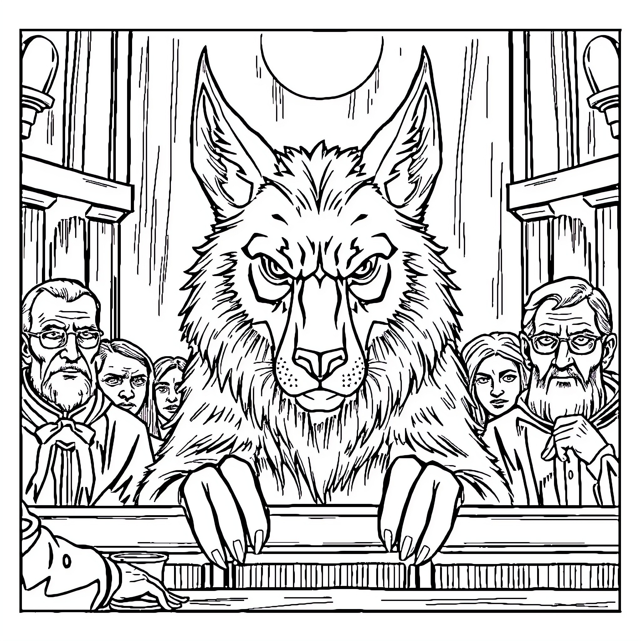 Wolf presiding over a solemn gathering Coloring Page (free black-and-white line drawing printable PDF for all, from beginners to advanced learners, including children, teens, adults, and seniors)