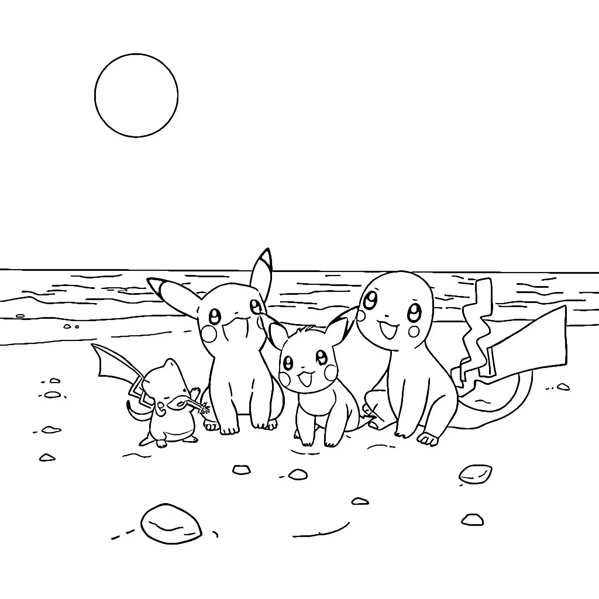 Pokémon characters playing on the beach Coloring Page (free black-and-white line drawing printable PDF for all, from beginners to advanced learners, including children, teens, adults, and seniors)