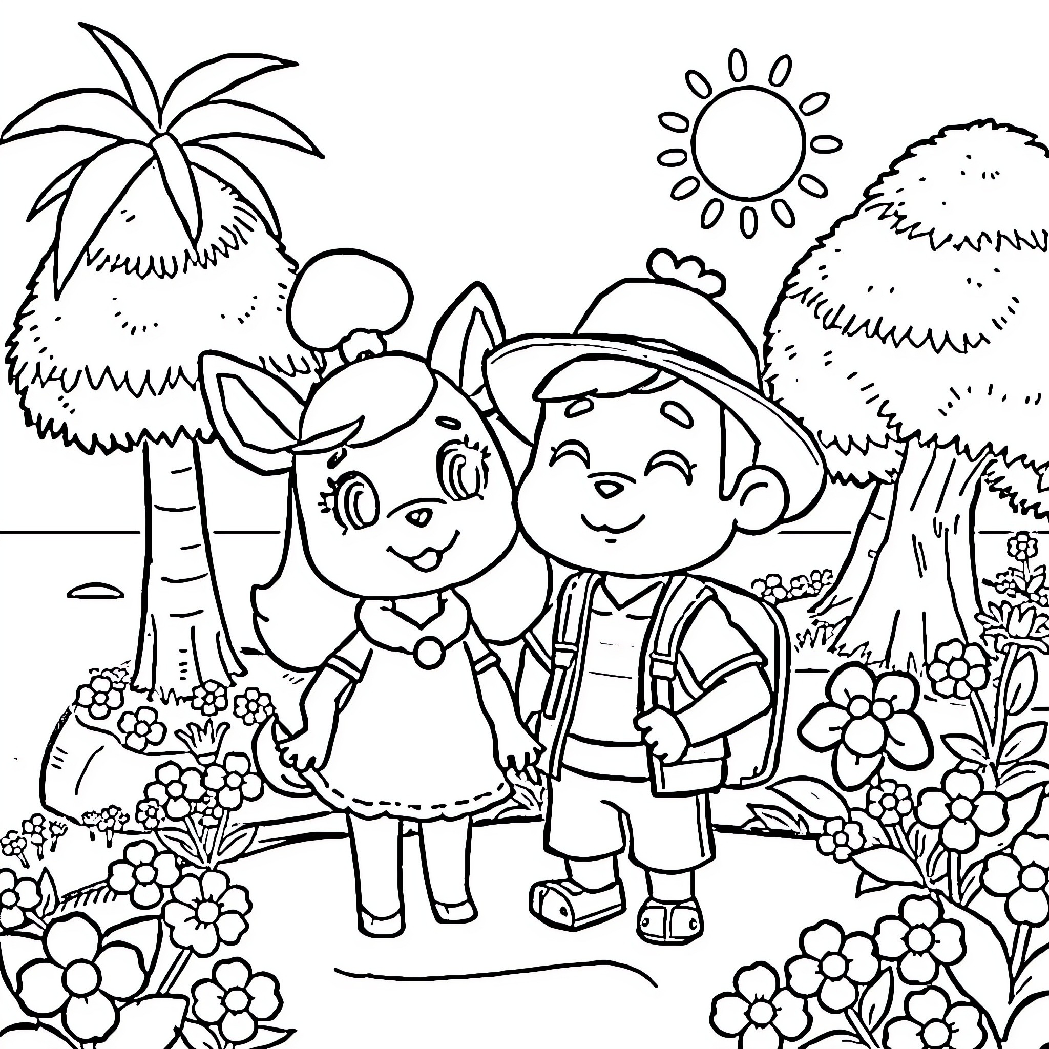 Animal Crossing Friends Exploring Outdoors Coloring Page (free black-and-white line drawing printable PDF for all, from beginners to advanced learners, including children, teens, adults, and seniors)