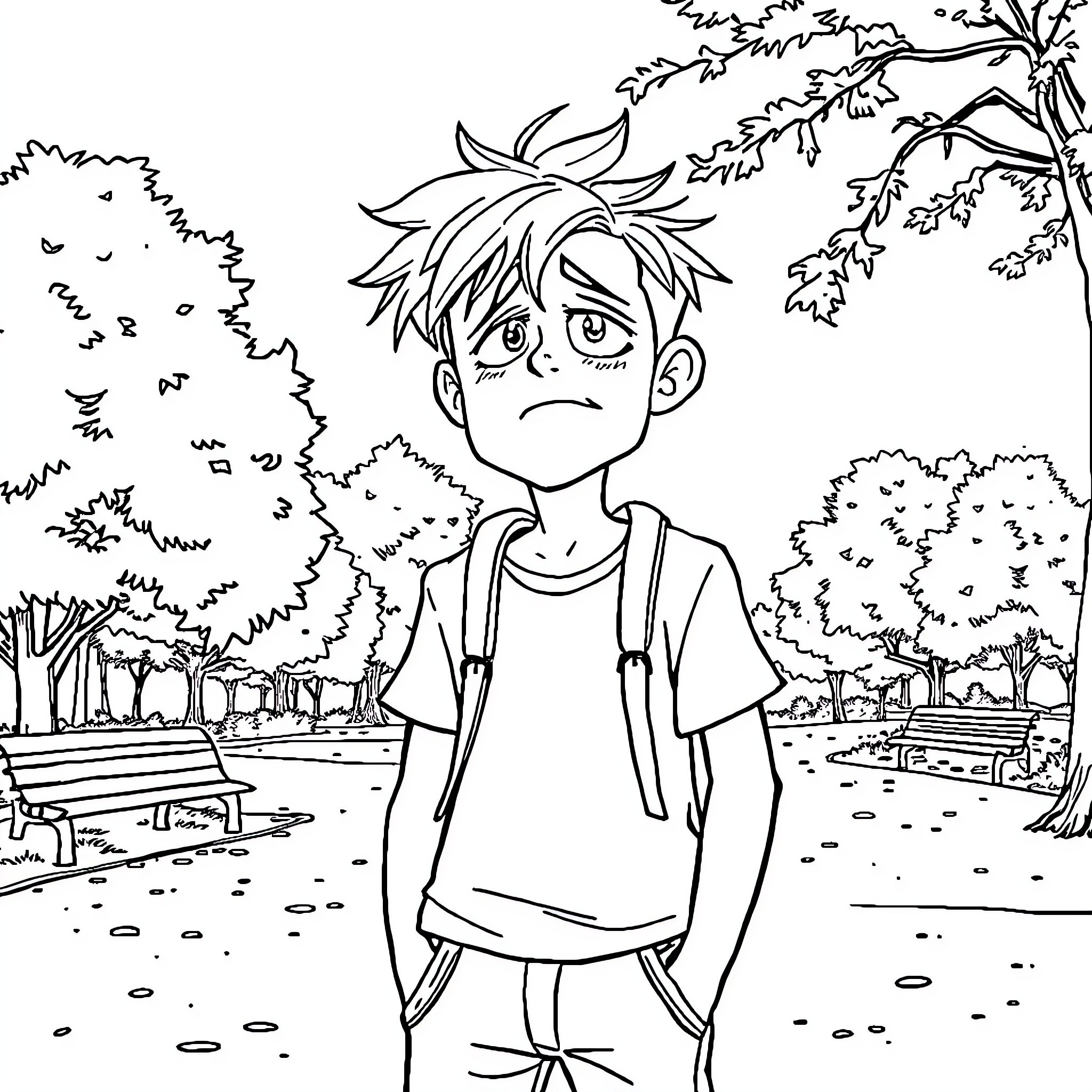 Jake's Dreary Day in the Park Coloring Page (free black-and-white line drawing printable PDF for all, from beginners to advanced learners, including children, teens, adults, and seniors)