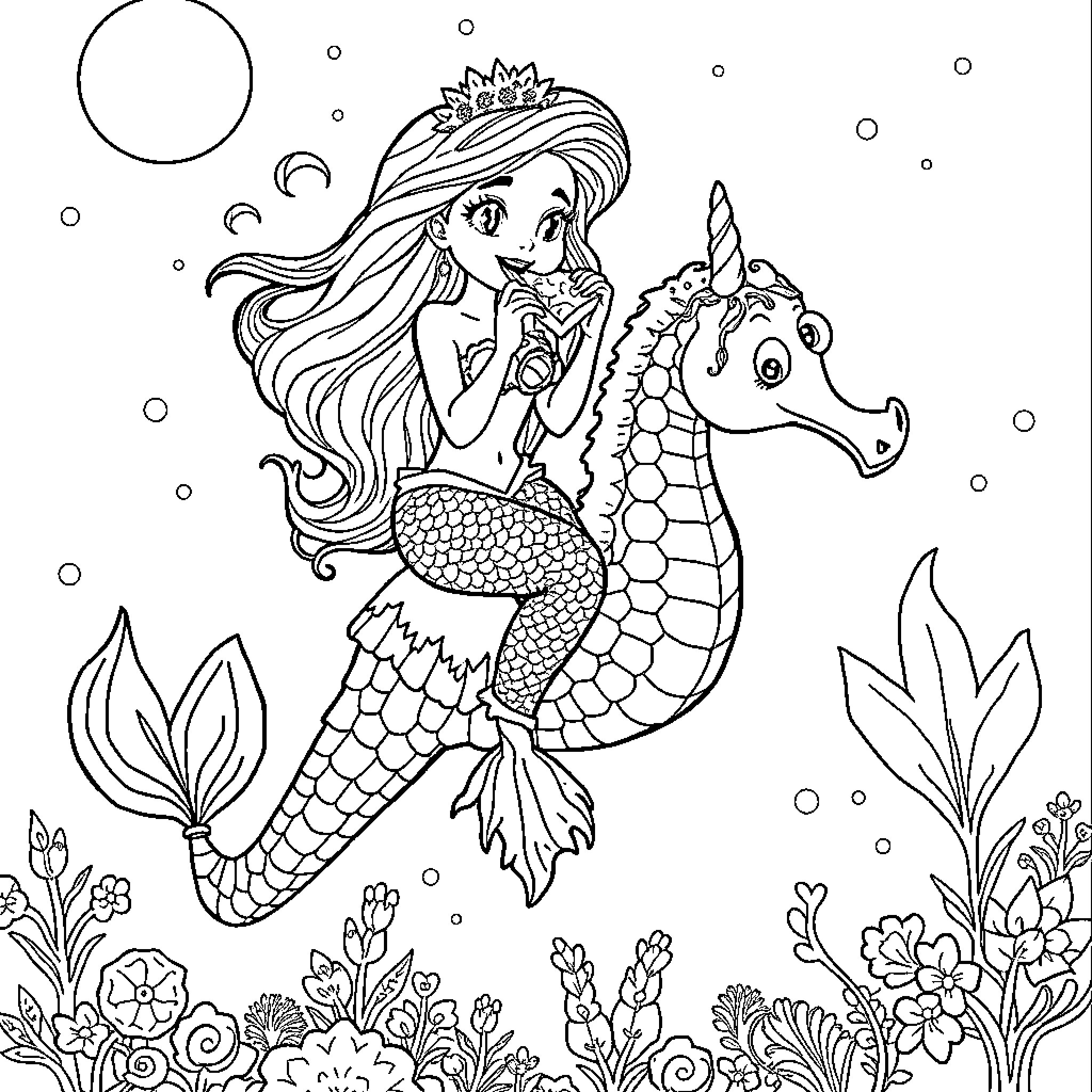 Mermaid riding a magical seahorse in the ocean Coloring Page (free black-and-white line drawing printable PDF for all, from beginners to advanced learners, including children, teens, adults, and seniors)