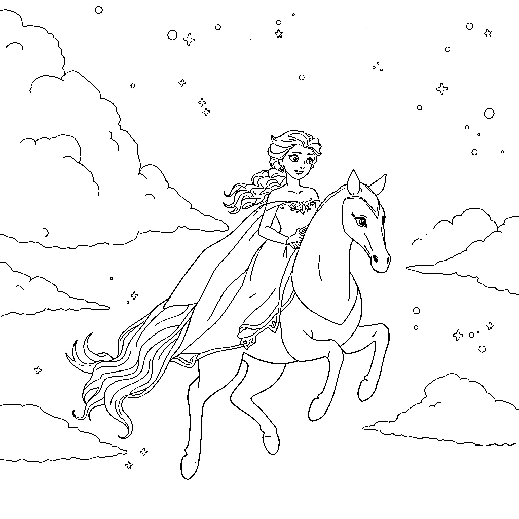 Elsa's Magical Ride on a Majestic Horse Coloring Page (free black-and-white line drawing printable PDF for all, from beginners to advanced learners, including children, teens, adults, and seniors)