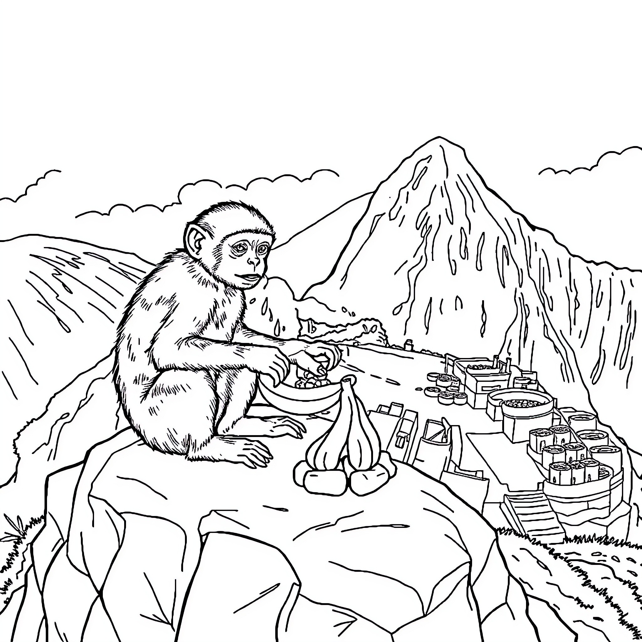 Monkey Enjoying a Scenic Mountain View Coloring Page (free black-and-white line drawing printable PDF for all, from beginners to advanced learners, including children, teens, adults, and seniors)