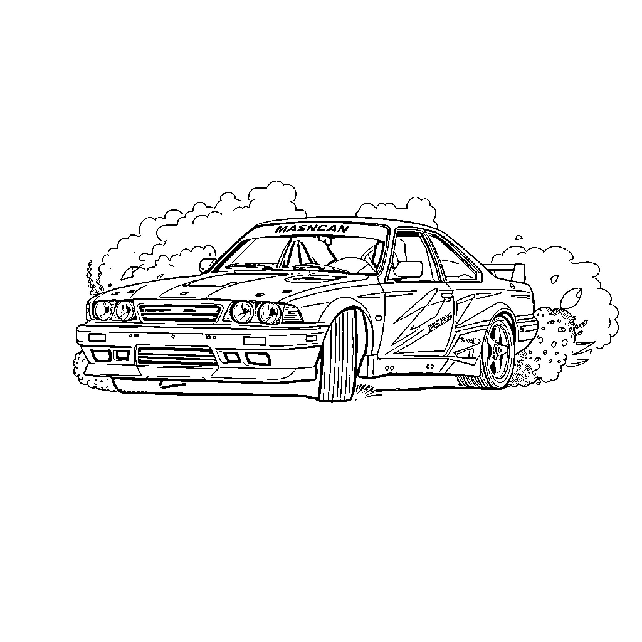 Car speeding with smoke and skid marks Coloring Page (free black-and-white line drawing printable PDF for all, from beginners to advanced learners, including children, teens, adults, and seniors)