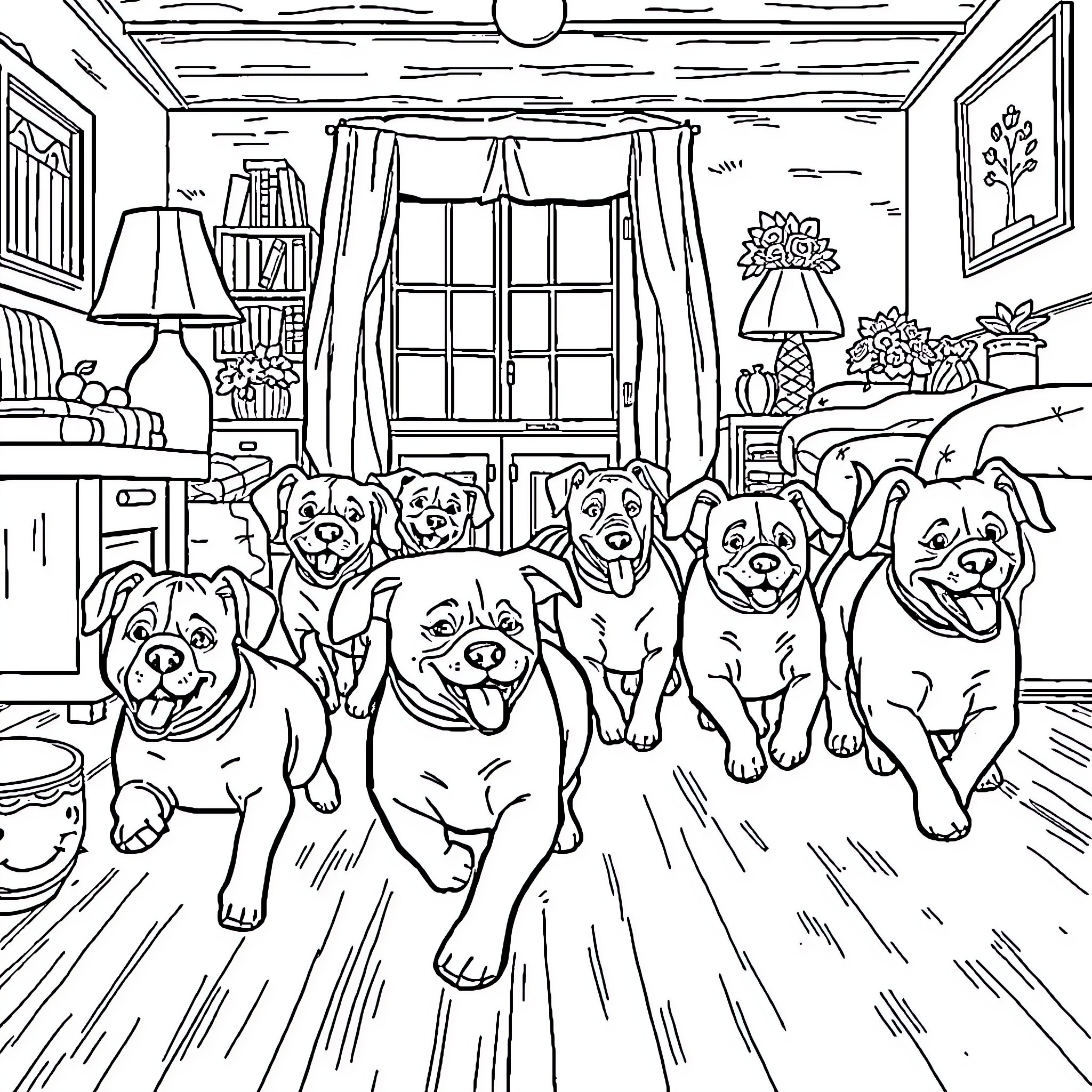 Dogs playing happily in the living room Coloring Page (free black-and-white line drawing printable PDF for all, from beginners to advanced learners, including children, teens, adults, and seniors)