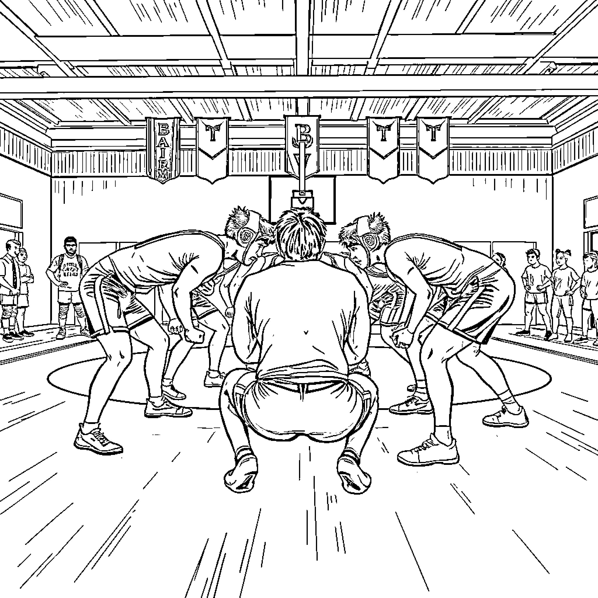 Wrestling intense match in a training hall Coloring Page (free black-and-white line drawing printable PDF for all, from beginners to advanced learners, including children, teens, adults, and seniors)