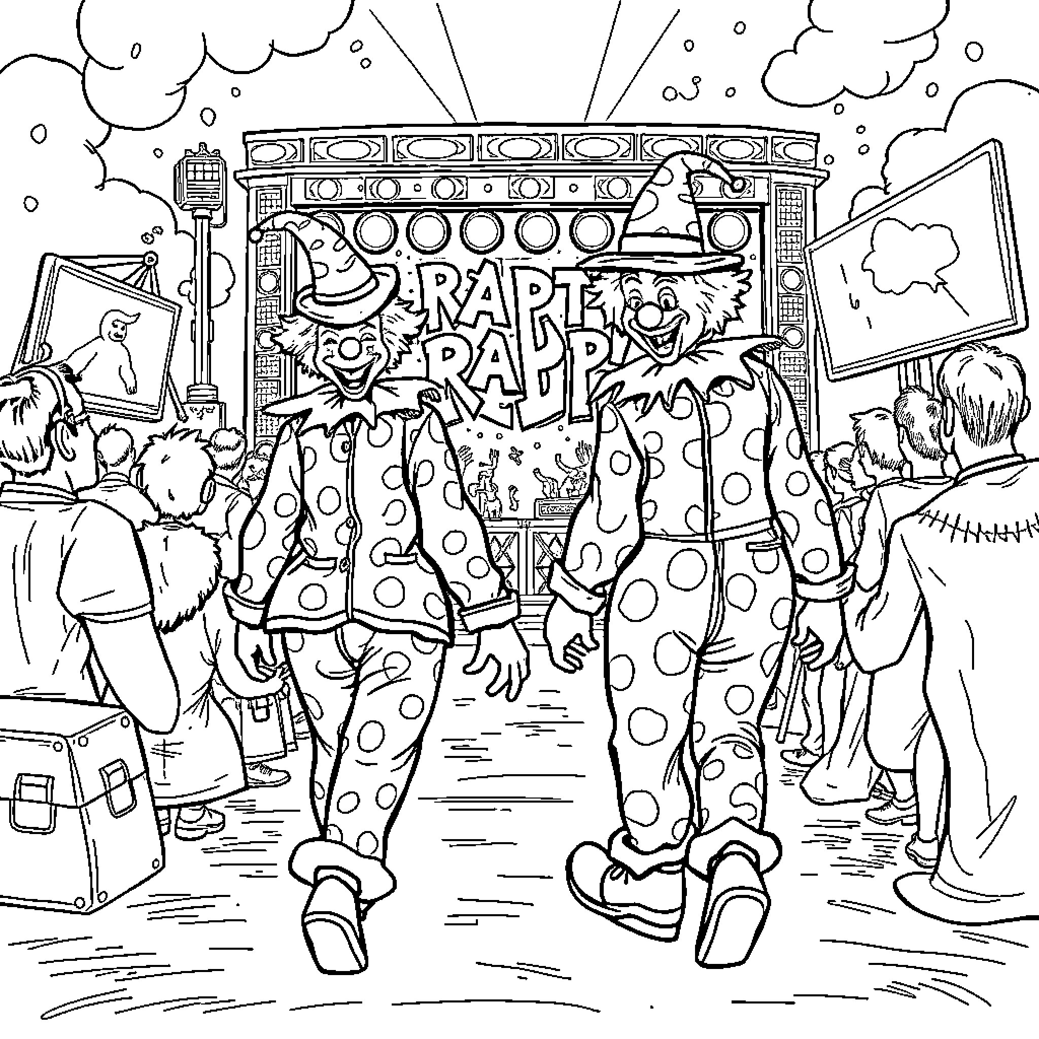 Clown performing at a lively carnival or festival Coloring Page (free black-and-white line drawing printable PDF for all, from beginners to advanced learners, including children, teens, adults, and seniors)