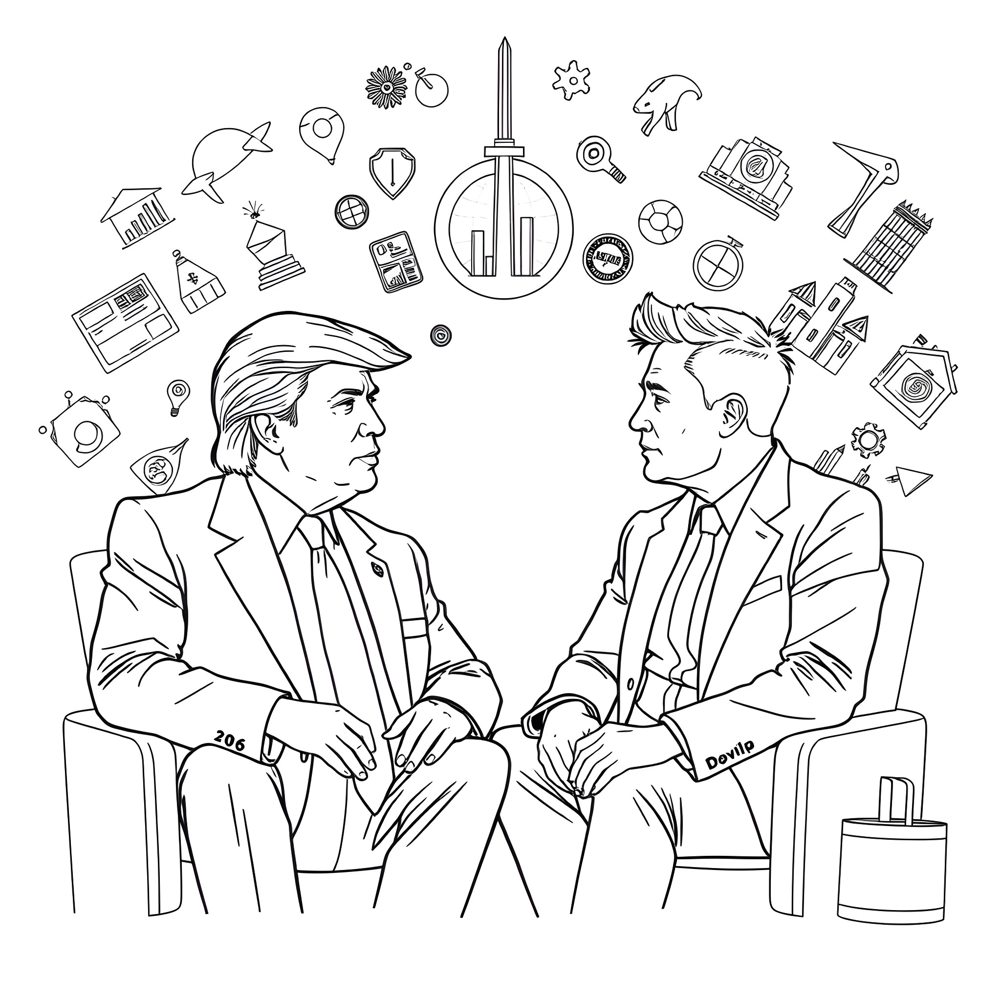Donald Trump discussing policies with an advisor Coloring Page (free black-and-white line drawing printable PDF for all, from beginners to advanced learners, including children, teens, adults, and seniors)