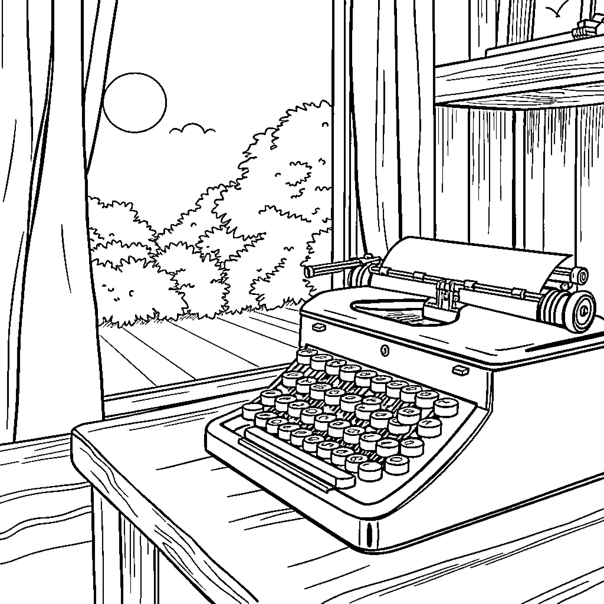Typewriter in a cozy room with outdoor scenery Coloring Page (free black-and-white line drawing printable PDF for all, from beginners to advanced learners, including children, teens, adults, and seniors)