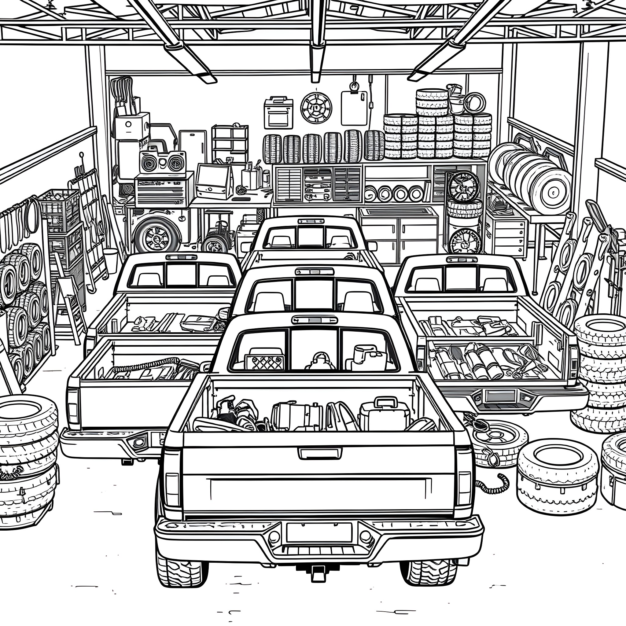 Pickup Bed Filled with Miscellaneous Tools and Equipment Coloring Page (free black-and-white line drawing printable PDF for all, from beginners to advanced learners, including children, teens, adults, and seniors)