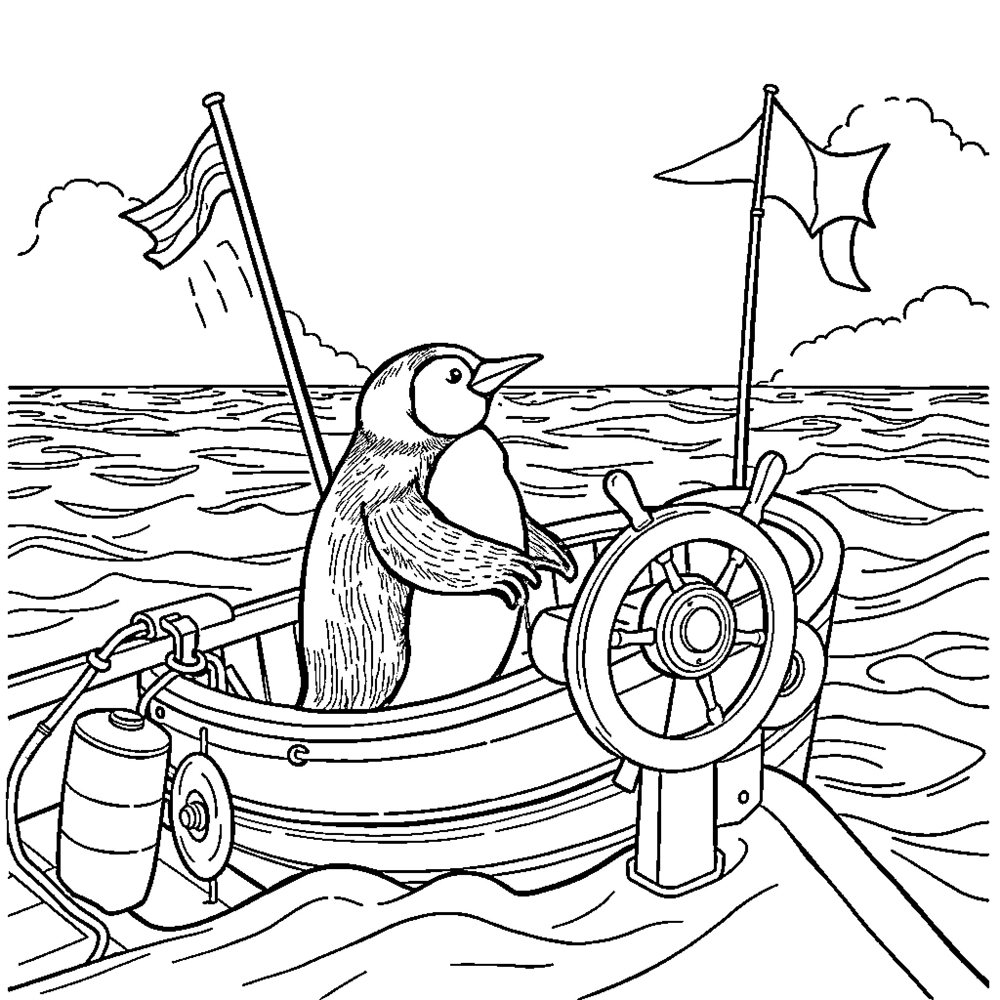 Penguin sailing the seas on a small boat Coloring Page (free black-and-white line drawing printable PDF for all, from beginners to advanced learners, including children, teens, adults, and seniors)