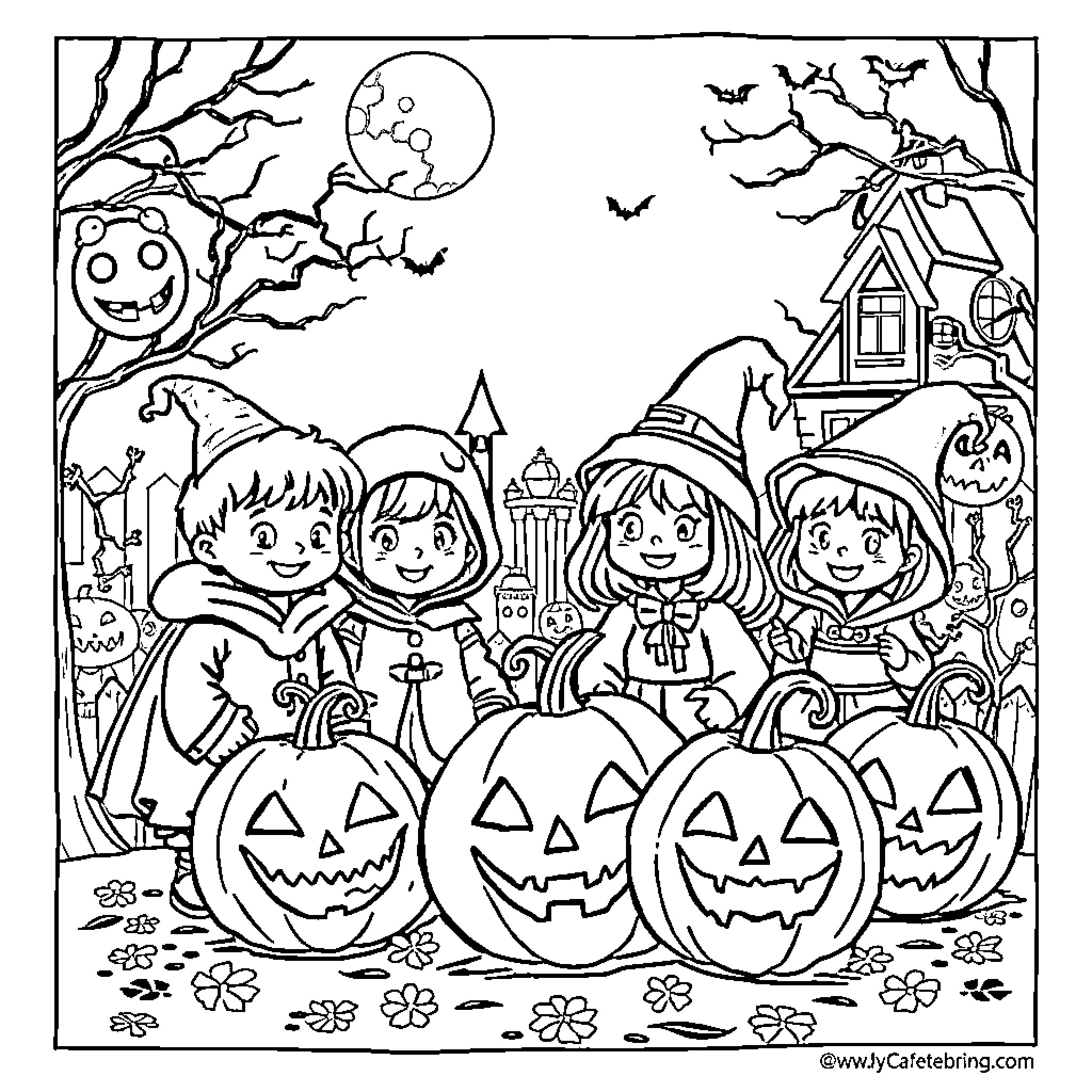 Halloween Fun with Costumes and Pumpkins Coloring Page (free black-and-white line drawing printable PDF for all, from beginners to advanced learners, including children, teens, adults, and seniors)