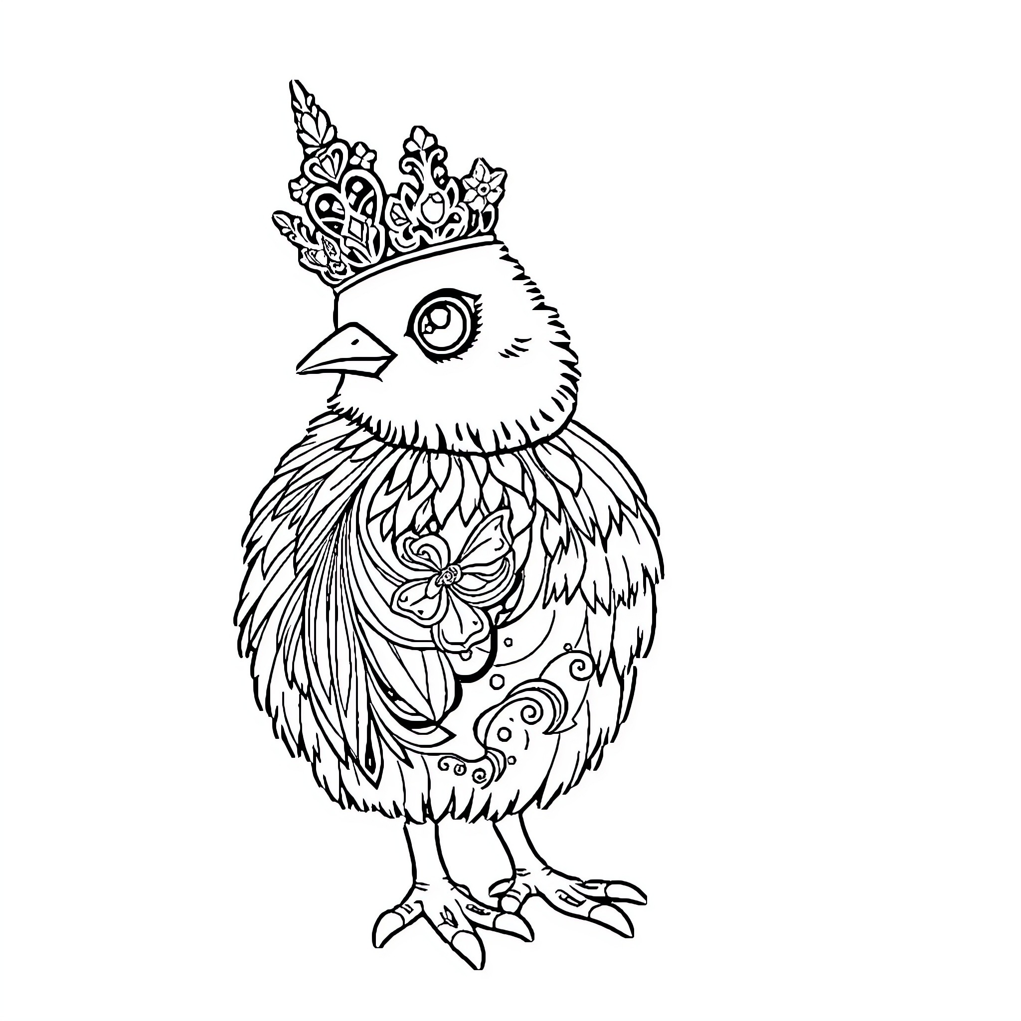 Doll-like Decorated Chick with Crown Coloring Page (free black-and-white line drawing printable PDF for all, from beginners to advanced learners, including children, teens, adults, and seniors)