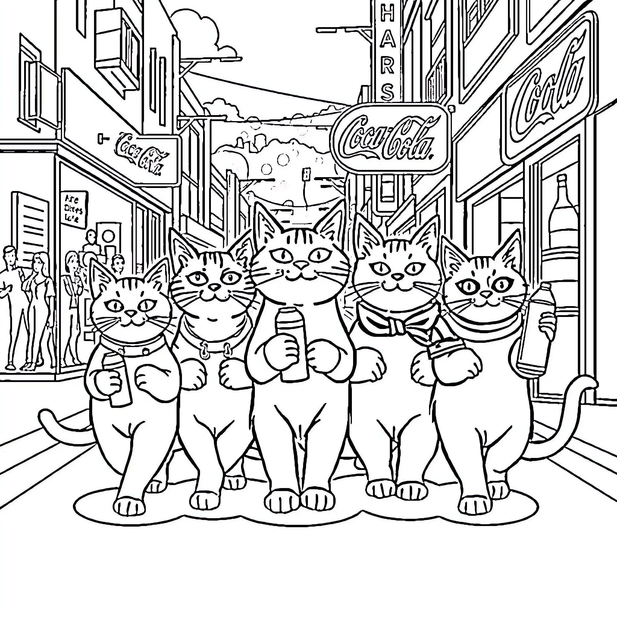 Kittens exploring a city street Coloring Page (free black-and-white line drawing printable PDF for all, from beginners to advanced learners, including children, teens, adults, and seniors)