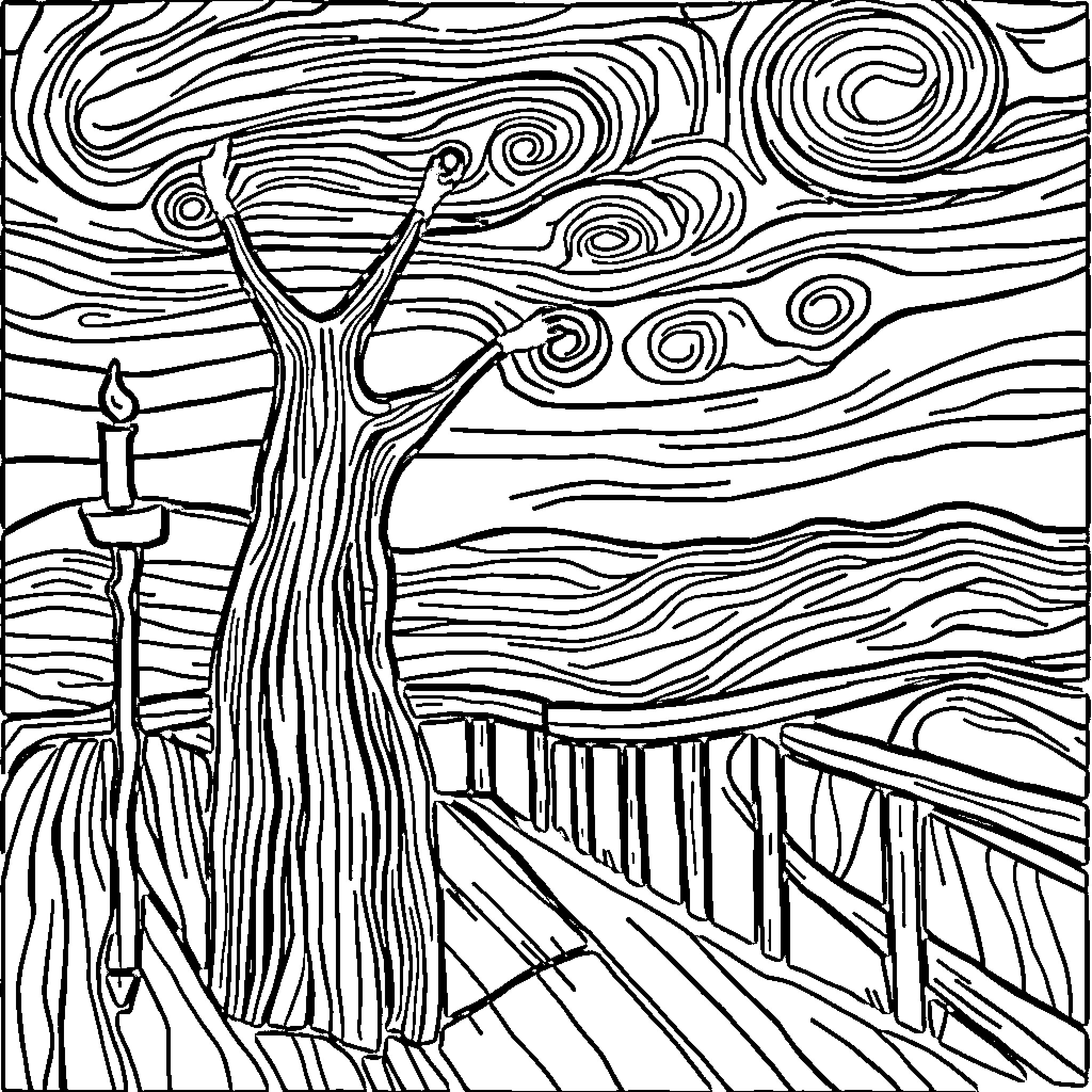 El Grito of the Swirling Tree Coloring Page (free black-and-white line drawing printable PDF for all, from beginners to advanced learners, including children, teens, adults, and seniors)