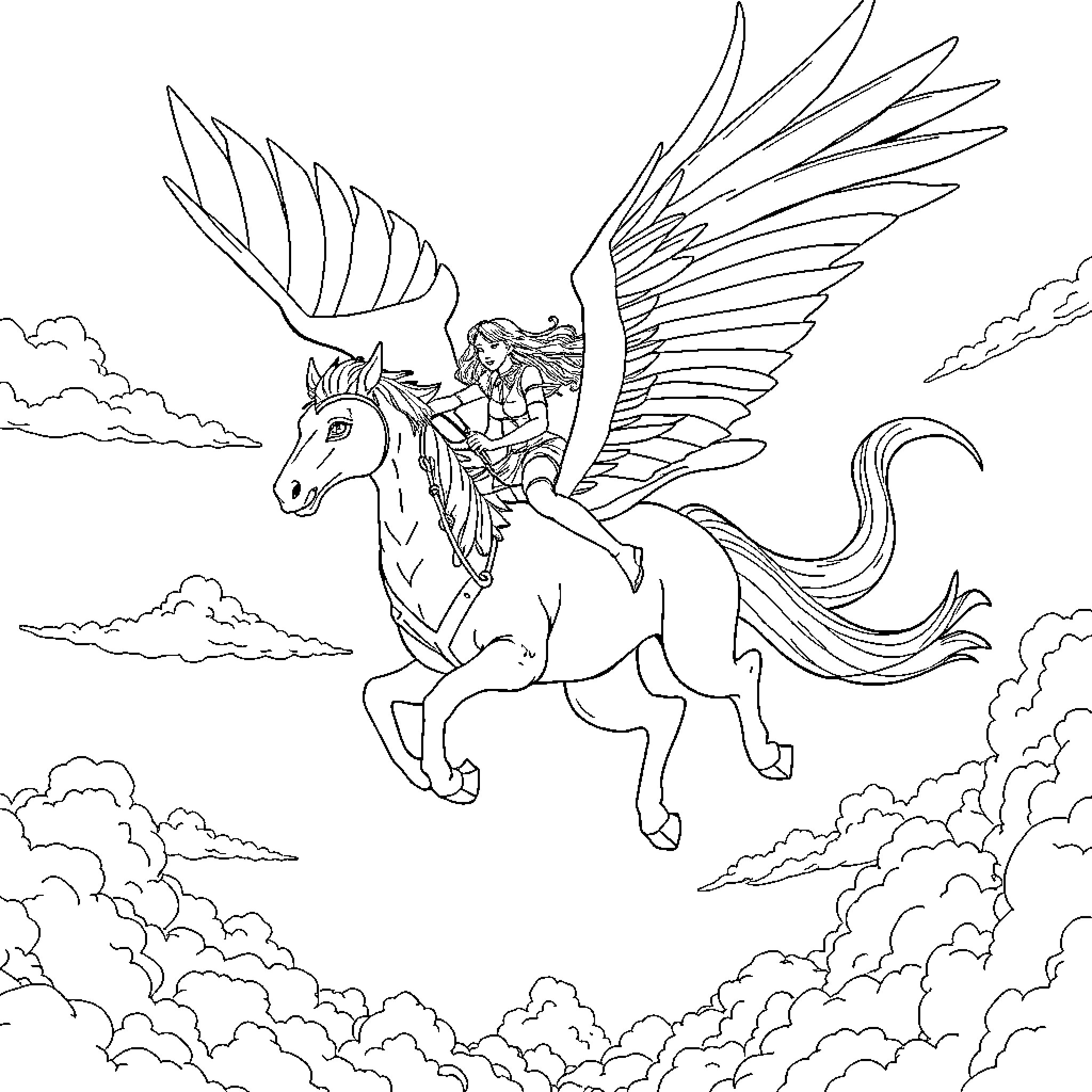 Violet Soren Gale riding a winged horse in the sky Coloring Page (free black-and-white line drawing printable PDF for all, from beginners to advanced learners, including children, teens, adults, and seniors)
