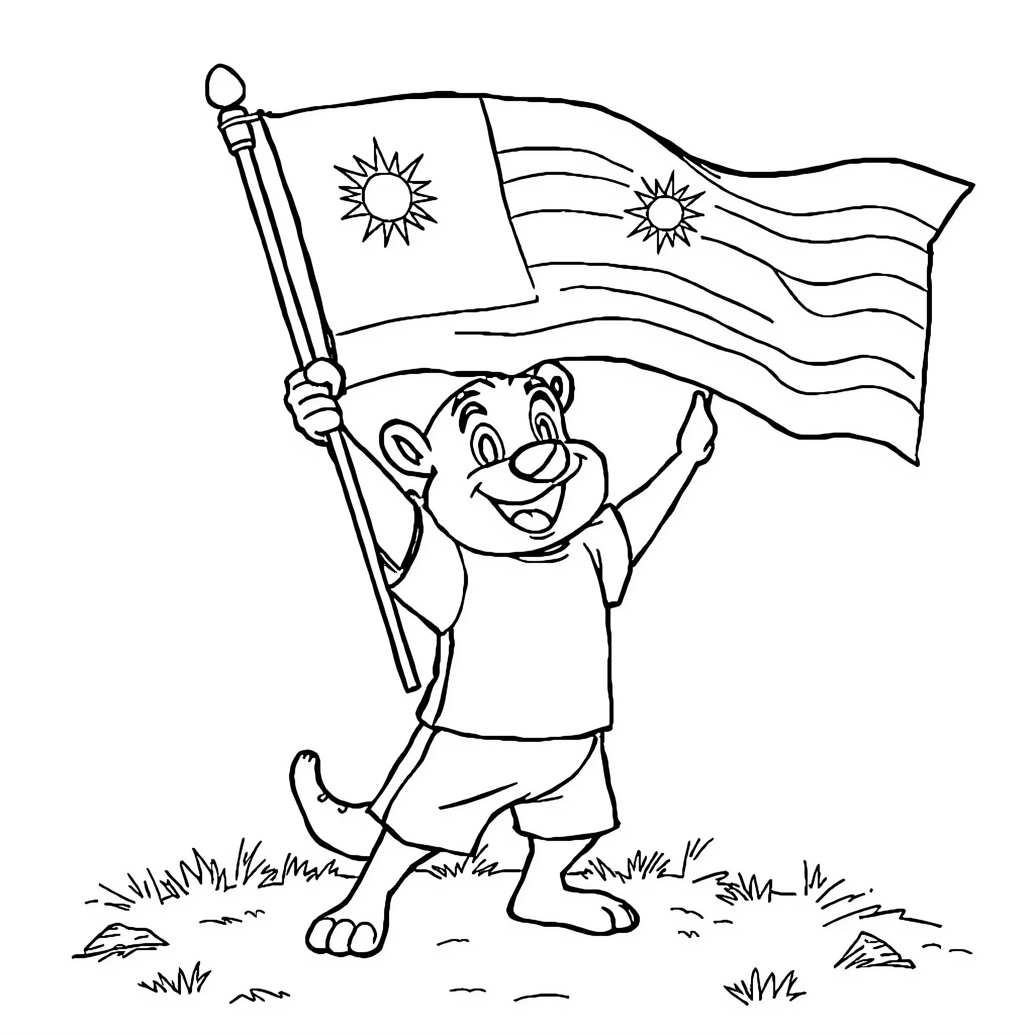Chimuelo proudly waving the national flag Coloring Page (free black-and-white line drawing printable PDF for all, from beginners to advanced learners, including children, teens, adults, and seniors)